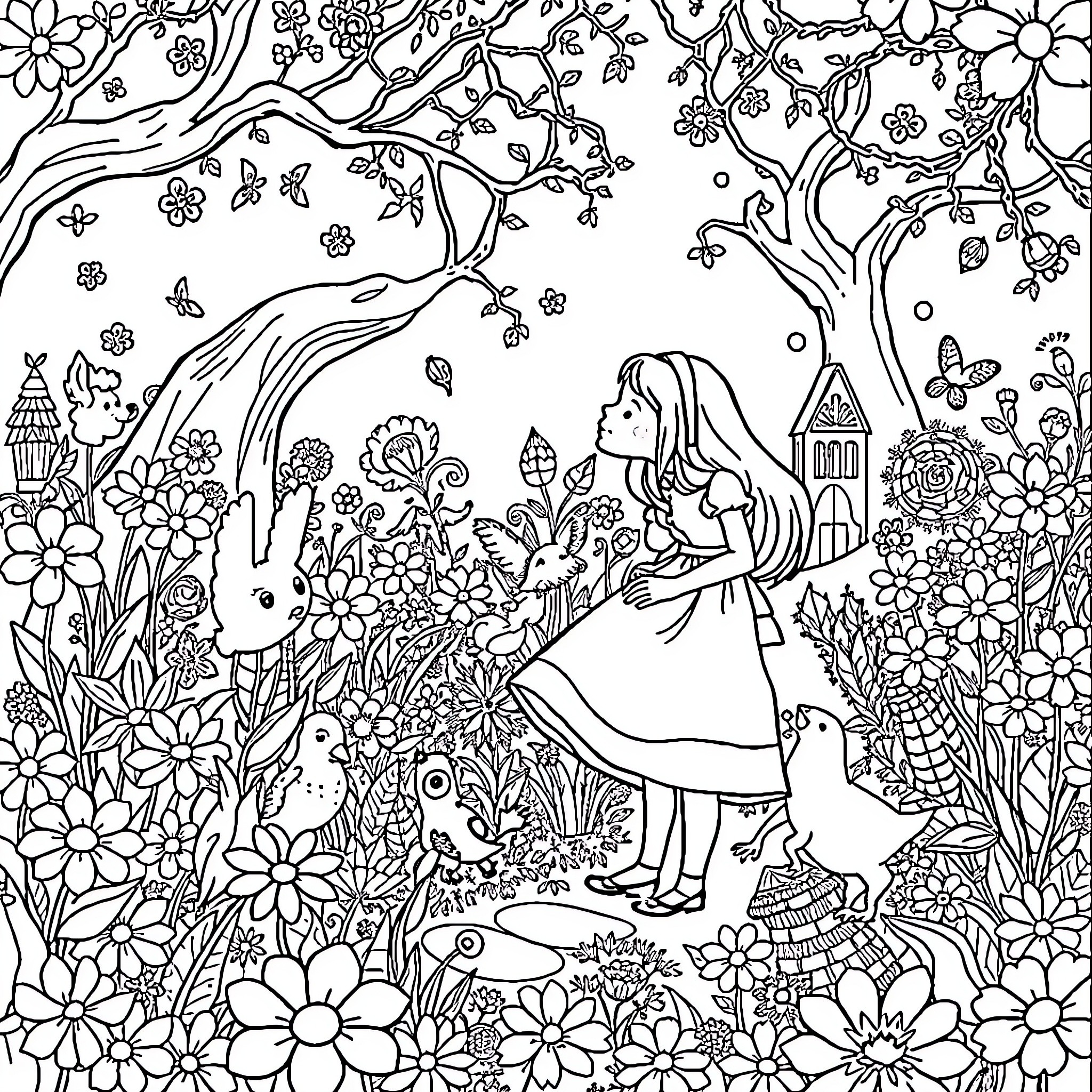 Alice's Enchanted Garden Adventure Coloring Page (free black-and-white line drawing printable PDF for all, from beginners to advanced learners, including children, teens, adults, and seniors)