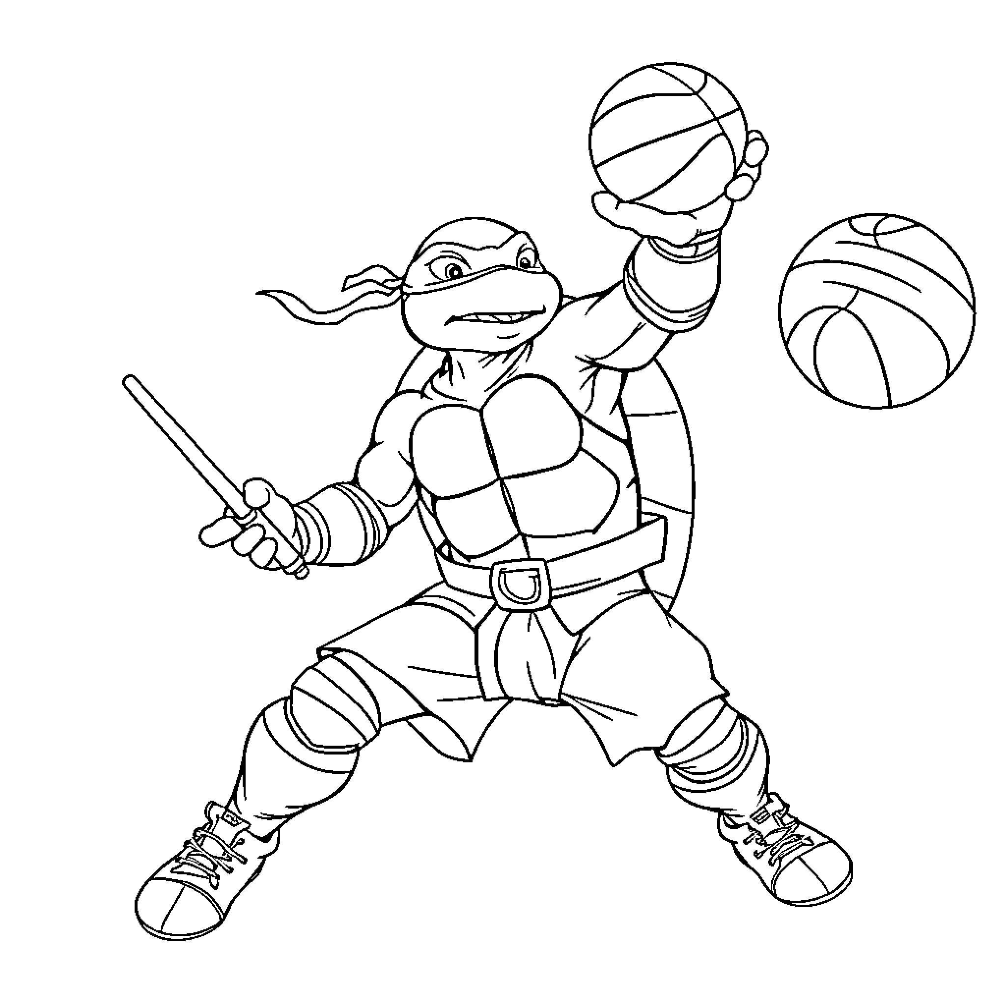 Michaelangelo the Ninja Turtle Plays Basketball Coloring Page (free black-and-white line drawing printable PDF for all, from beginners to advanced learners, including children, teens, adults, and seniors)