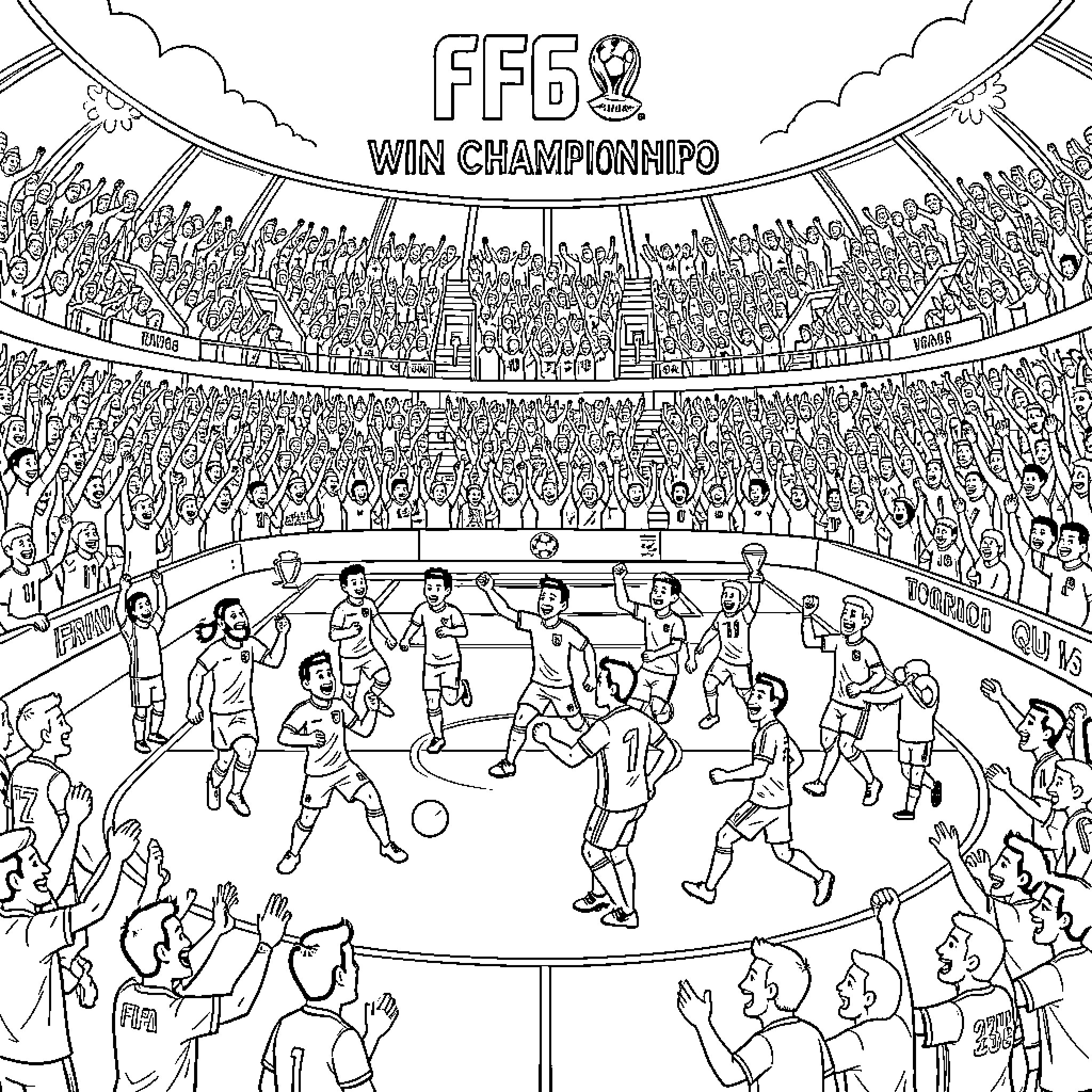 Soccer players celebrating a victory in a crowded stadium Coloring Page (free black-and-white line drawing printable PDF for all, from beginners to advanced learners, including children, teens, adults, and seniors)