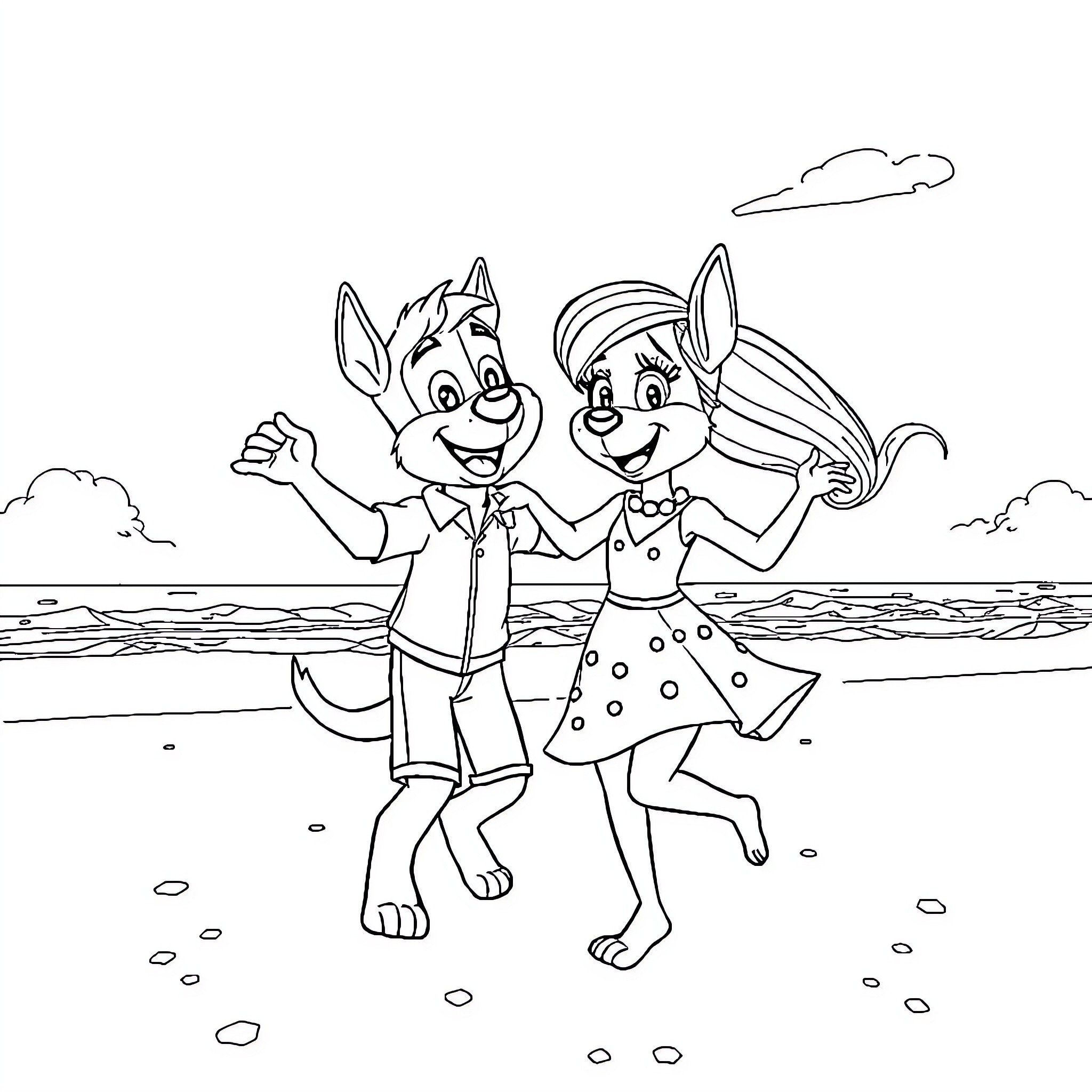 Chase on the beach with joyful rabbits Coloring Page (free black-and-white line drawing printable PDF for all, from beginners to advanced learners, including children, teens, adults, and seniors)