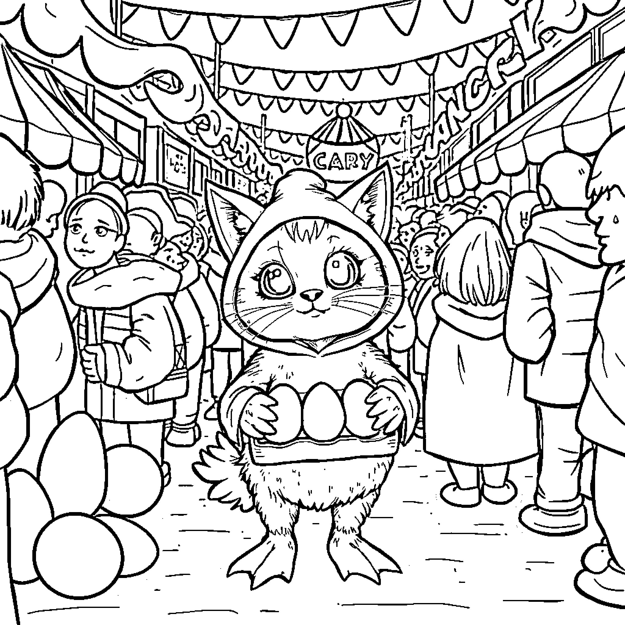 Cat in costume at carnival parade Coloring Page (free black-and-white line drawing printable PDF for all, from beginners to advanced learners, including children, teens, adults, and seniors)
