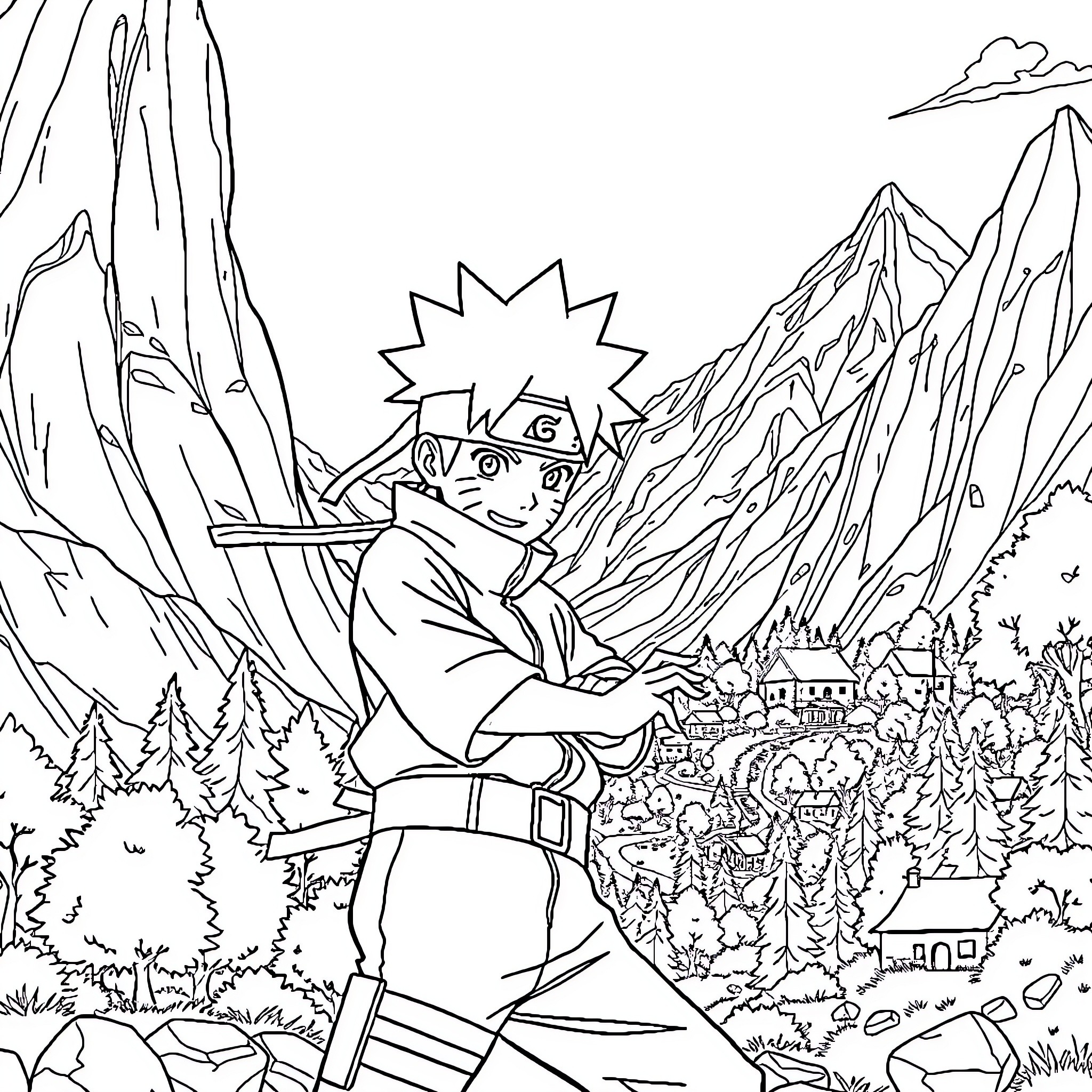 Naruto Ninja Protagonist in Scenic Mountain Landscape Coloring Page (free black-and-white line drawing printable PDF for all, from beginners to advanced learners, including children, teens, adults, and seniors)