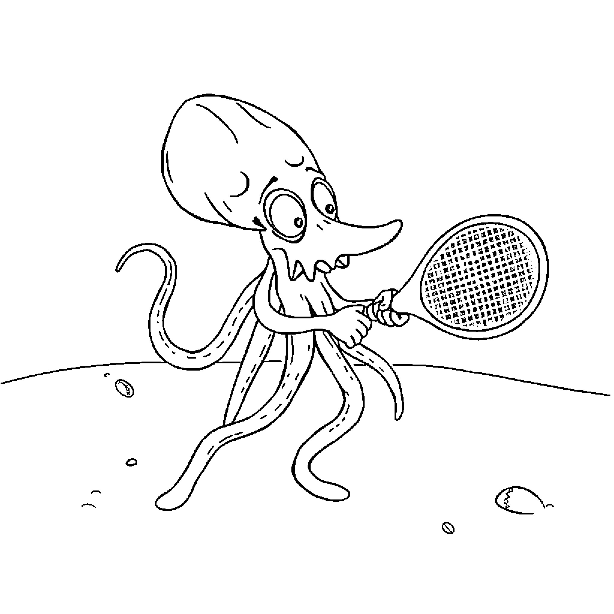 Squid playing tennis in the ocean Coloring Page (free black-and-white line drawing printable PDF for all, from beginners to advanced learners, including children, teens, adults, and seniors)