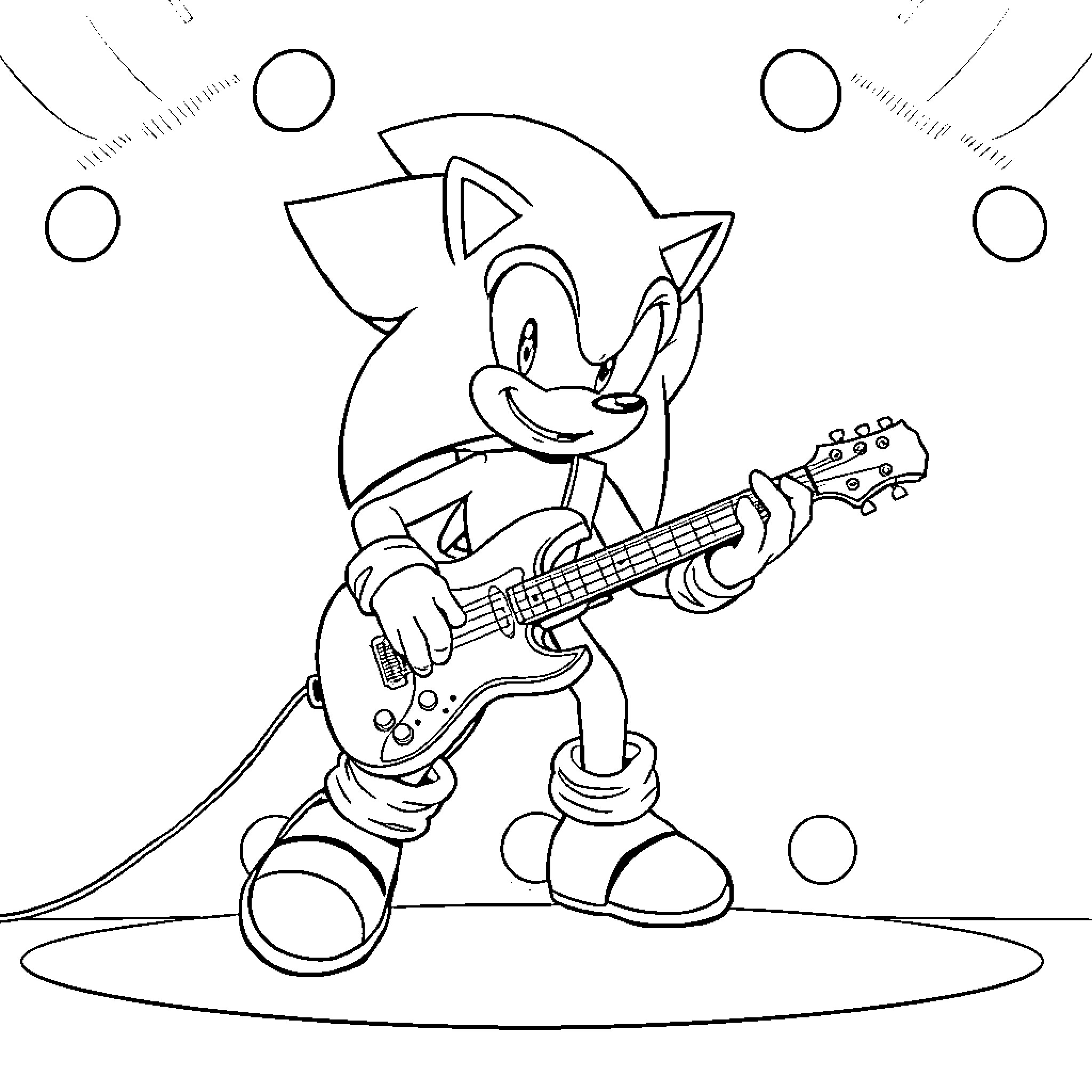 Sonic playing electric guitar in a musical scene Coloring Page (free black-and-white line drawing printable PDF for all, from beginners to advanced learners, including children, teens, adults, and seniors)