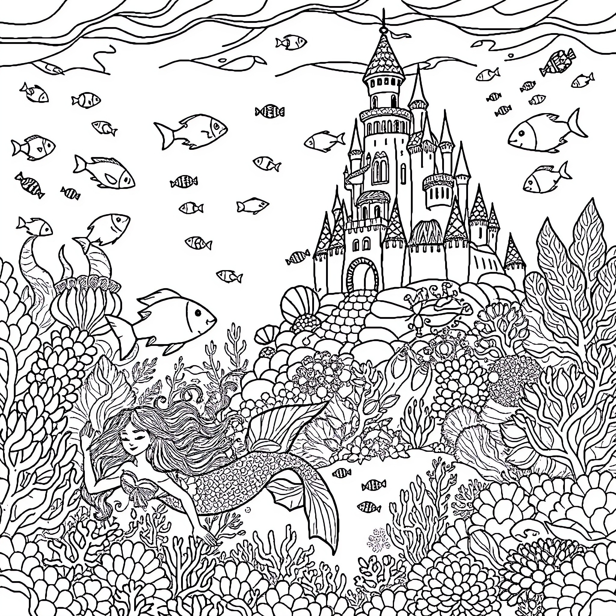 Mermaid swimming in the underwater castle kingdom Coloring Page (free black-and-white line drawing printable PDF for all, from beginners to advanced learners, including children, teens, adults, and seniors)