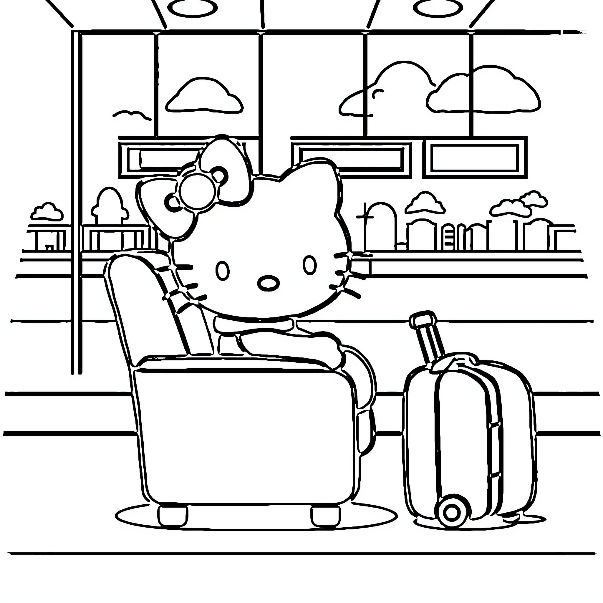 Hello Kitty at the airport with luggage Coloring Page (free black-and-white line drawing printable PDF for all, from beginners to advanced learners, including children, teens, adults, and seniors)