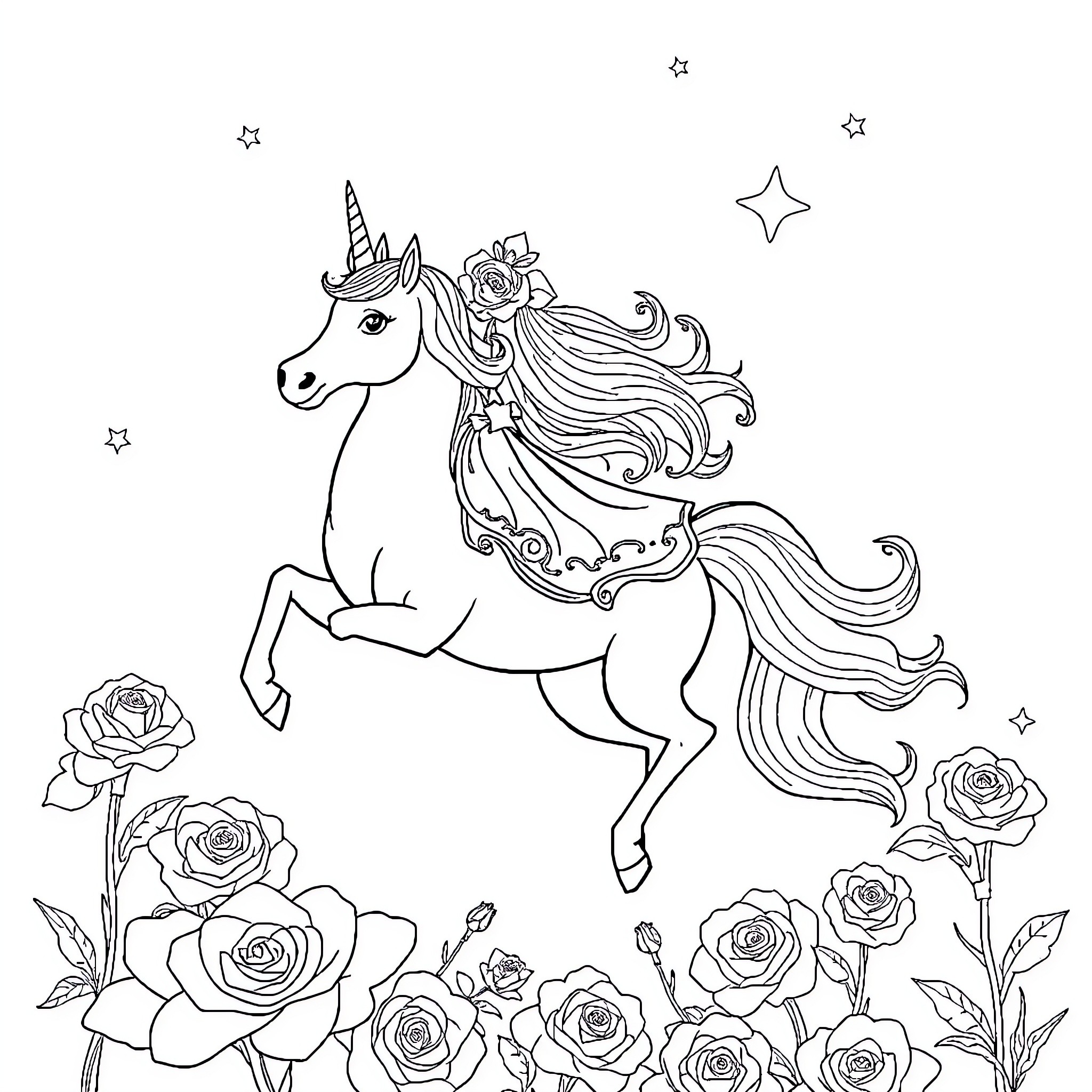 Princess Unicorn Galloping Amidst Floral Blooms Coloring Page (free black-and-white line drawing printable PDF for all, from beginners to advanced learners, including children, teens, adults, and seniors)