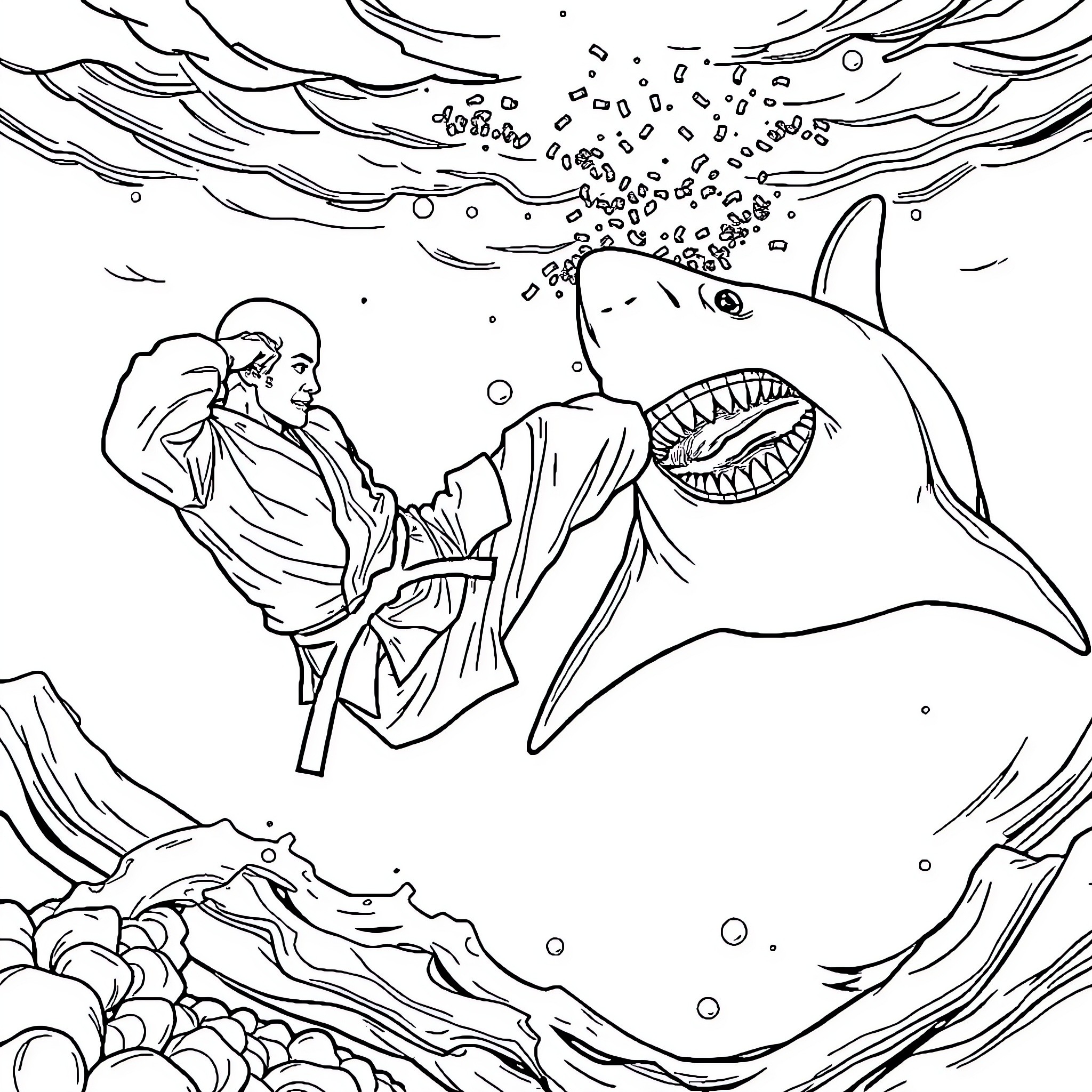 Person battling ferocious shark in underwater scene Coloring Page (free black-and-white line drawing printable PDF for all, from beginners to advanced learners, including children, teens, adults, and seniors)