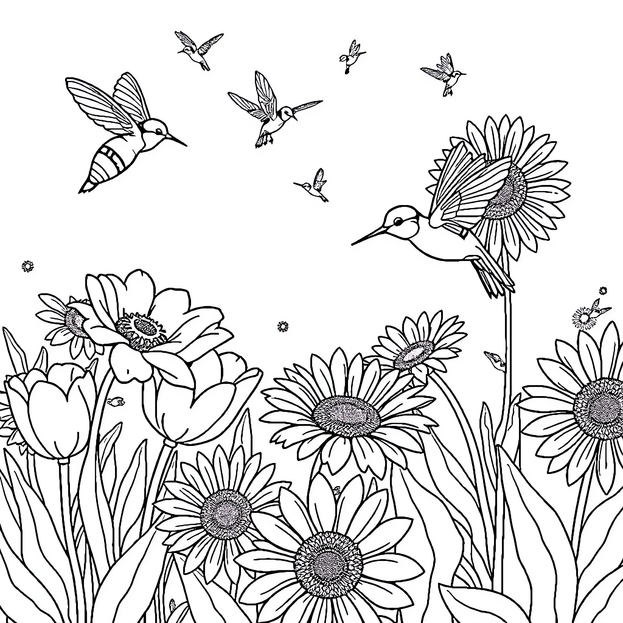 Bee-Friendly Floral Frenzy Coloring Page (free black-and-white line drawing printable PDF for all, from beginners to advanced learners, including children, teens, adults, and seniors)
