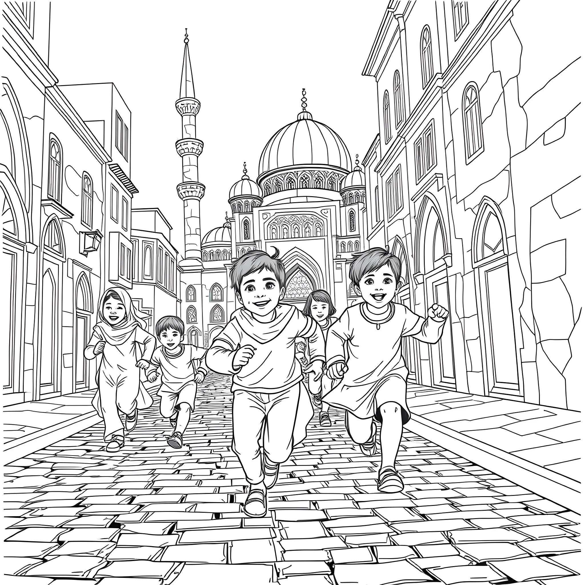 Children playing joyfully in an ornate city street Coloring Page (free black-and-white line drawing printable PDF for all, from beginners to advanced learners, including children, teens, adults, and seniors)