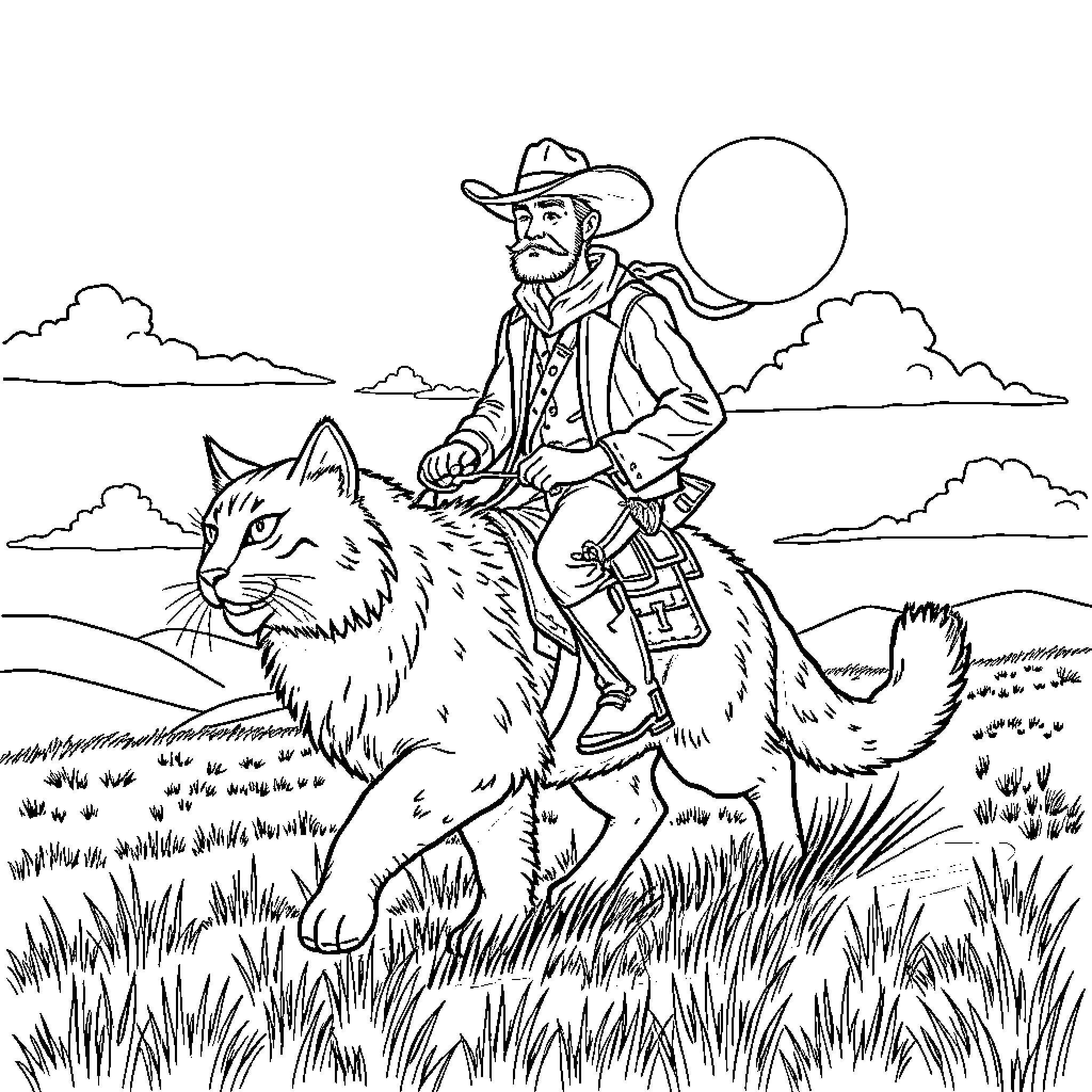 Cowboy riding majestic wolf across grassy plains Coloring Page (free black-and-white line drawing printable PDF for all, from beginners to advanced learners, including children, teens, adults, and seniors)