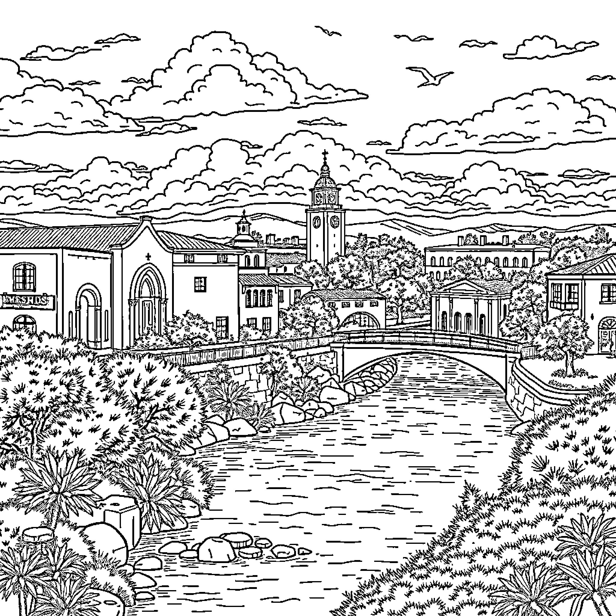 San Marcos picturesque cityscape with historic architecture Coloring Page (free black-and-white line drawing printable PDF for all, from beginners to advanced learners, including children, teens, adults, and seniors)