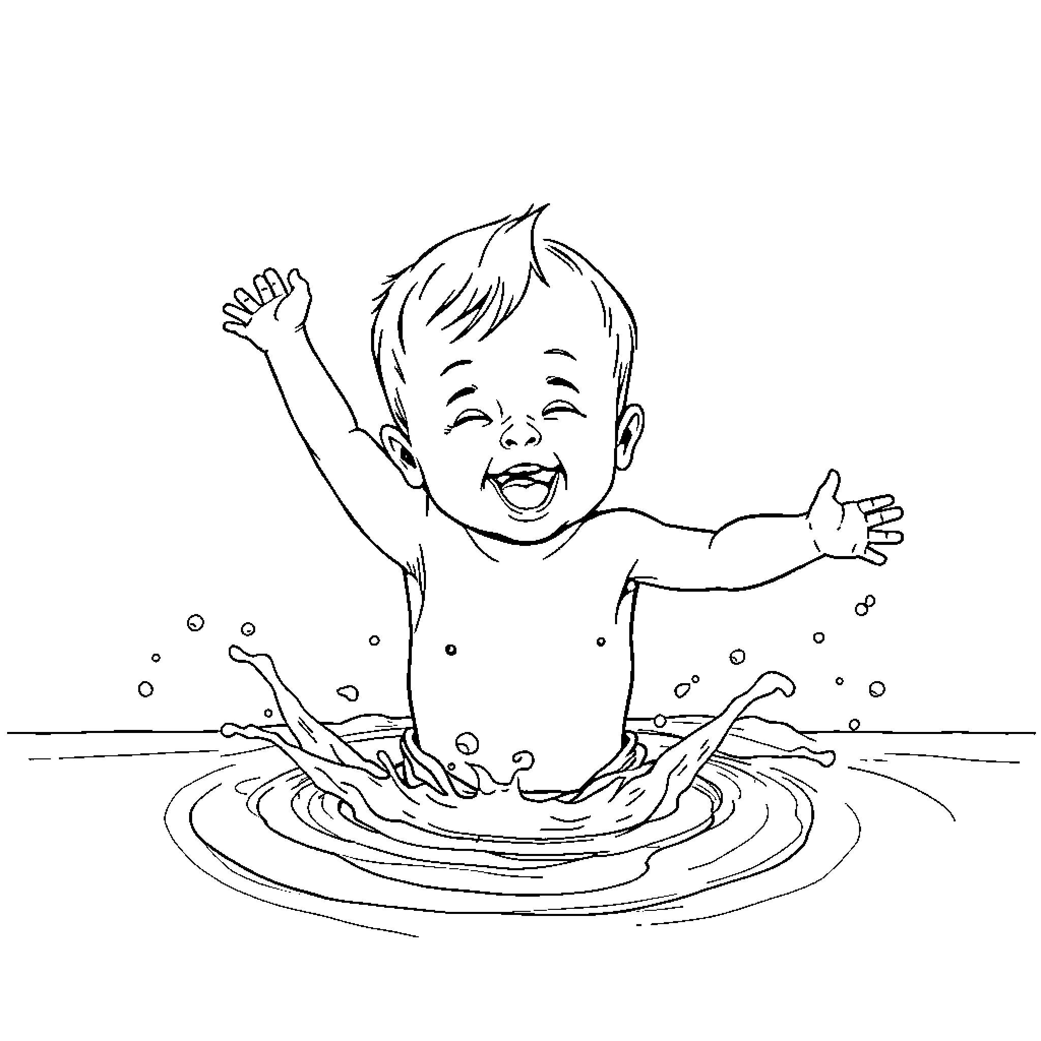 Baby Boy Happily Splashing in Water Coloring Page (free black-and-white line drawing printable PDF for all, from beginners to advanced learners, including children, teens, adults, and seniors)