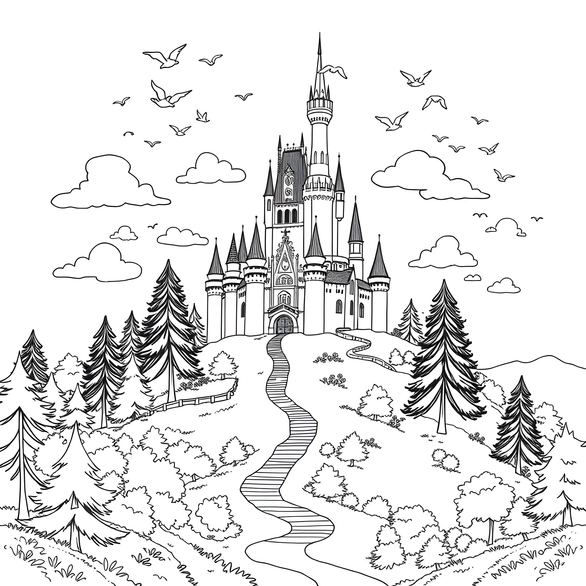 Aurora's Enchanted Castle in the Forest Coloring Page (free black-and-white line drawing printable PDF for all, from beginners to advanced learners, including children, teens, adults, and seniors)