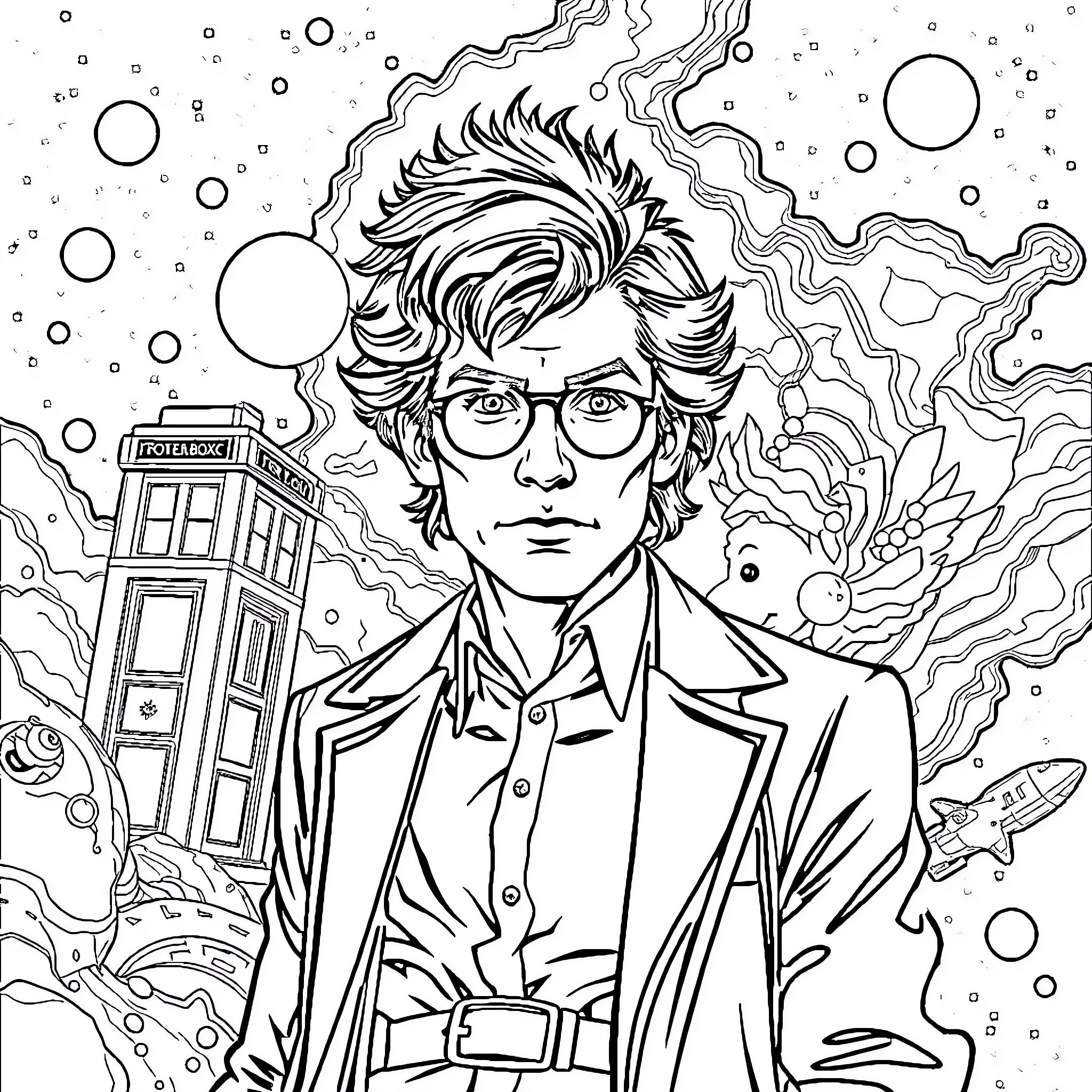Doctor in a Cosmic Adventure Coloring Page (free black-and-white line drawing printable PDF for all, from beginners to advanced learners, including children, teens, adults, and seniors)