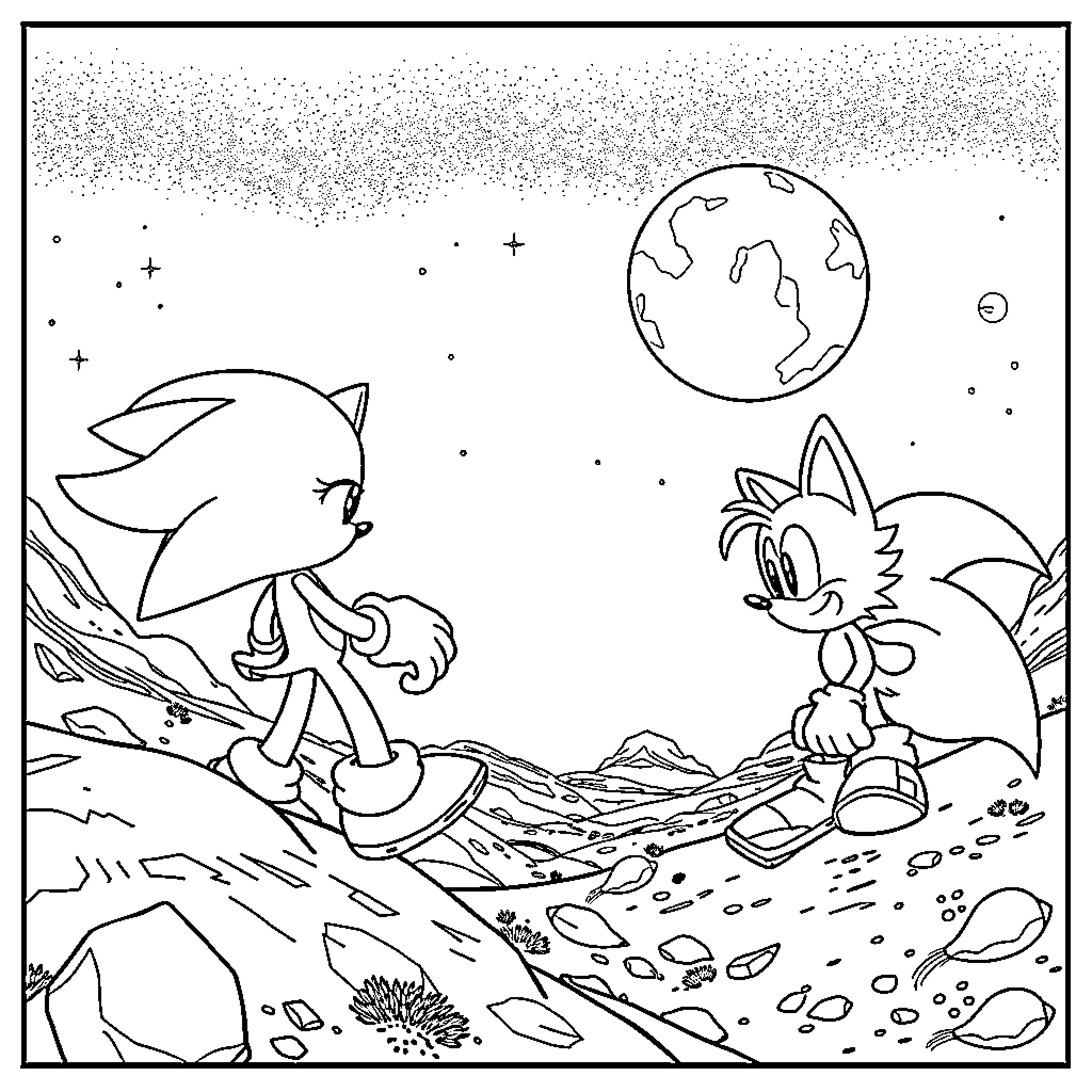 Sonic's Cosmic Adventure on an Alien Planet Coloring Page (free black-and-white line drawing printable PDF for all, from beginners to advanced learners, including children, teens, adults, and seniors)