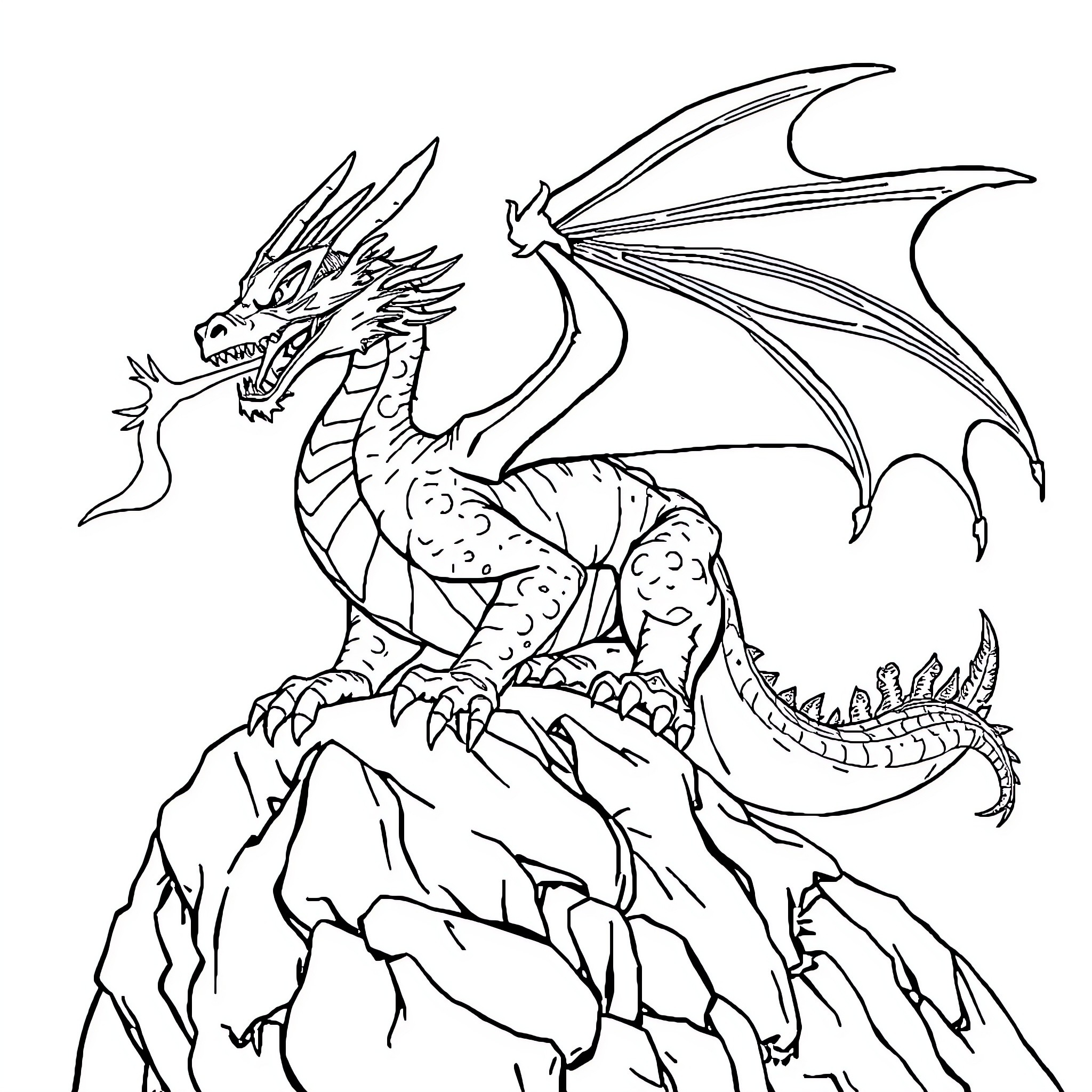 Dracaufeu soaring over rocky cliffs Coloring Page (free black-and-white line drawing printable PDF for all, from beginners to advanced learners, including children, teens, adults, and seniors)