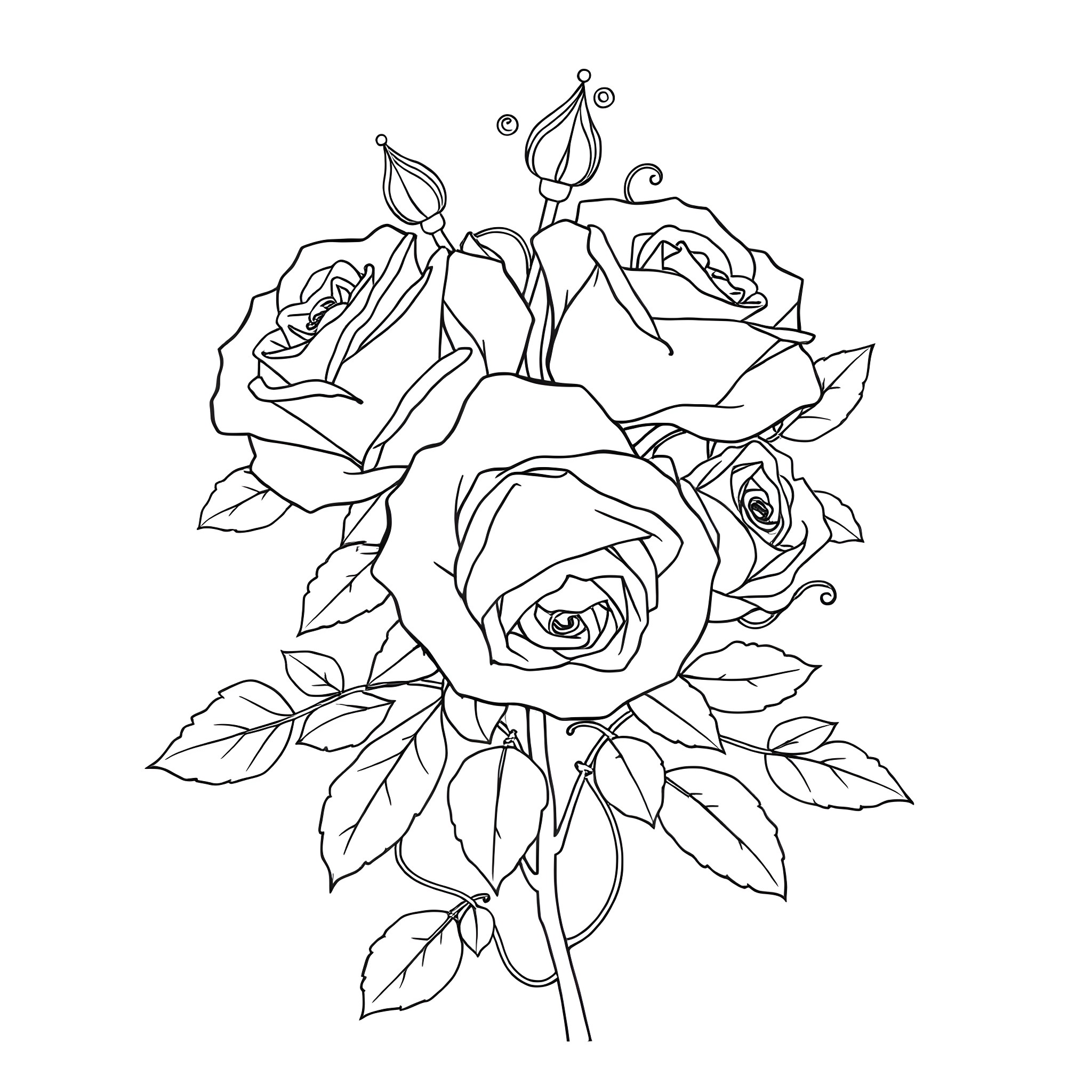 Rose Bouquet with Intricate Floral Design Coloring Page (free black-and-white line drawing printable PDF for all, from beginners to advanced learners, including children, teens, adults, and seniors)