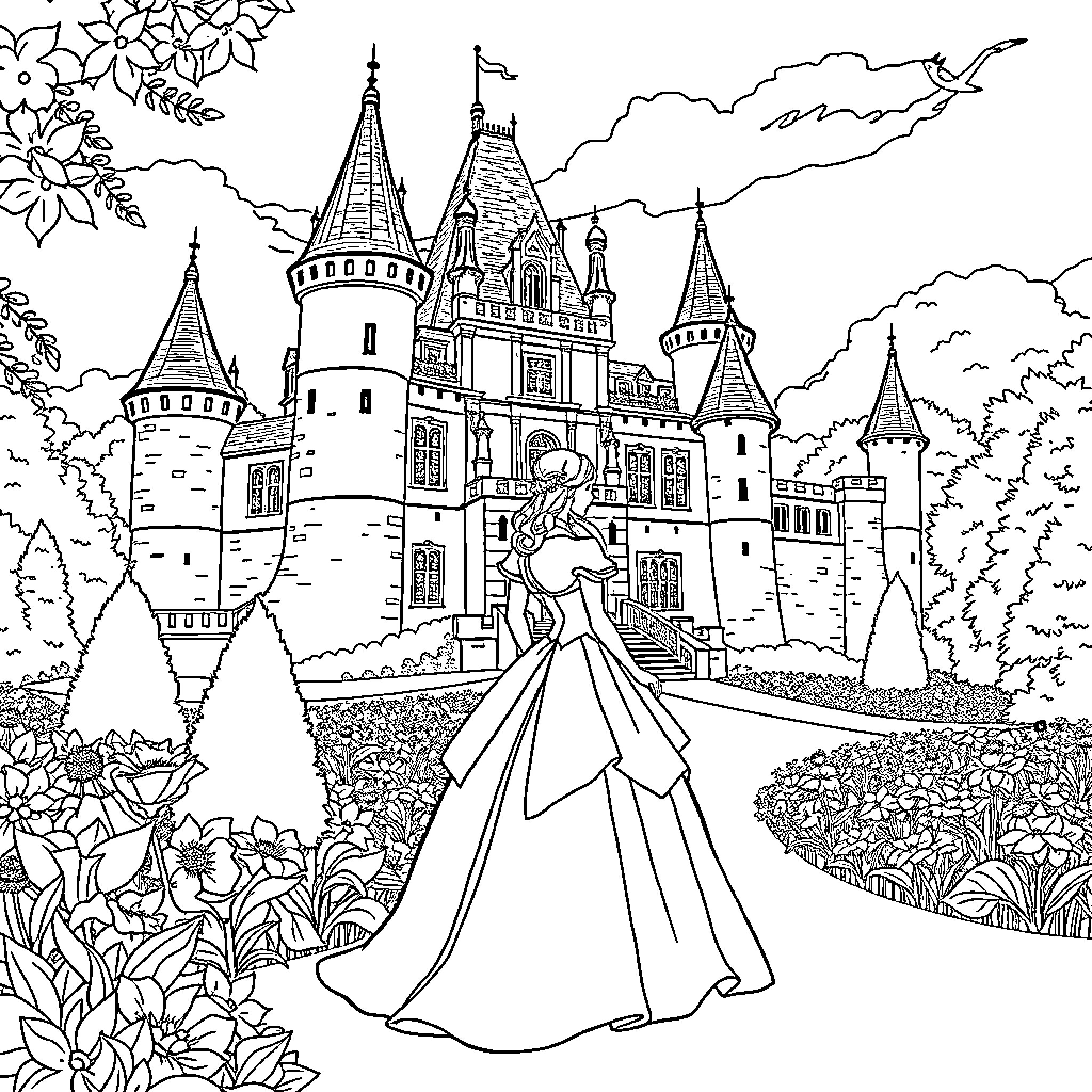 Princess Exploring the Enchanted Castle Grounds Coloring Page (free black-and-white line drawing printable PDF for all, from beginners to advanced learners, including children, teens, adults, and seniors)