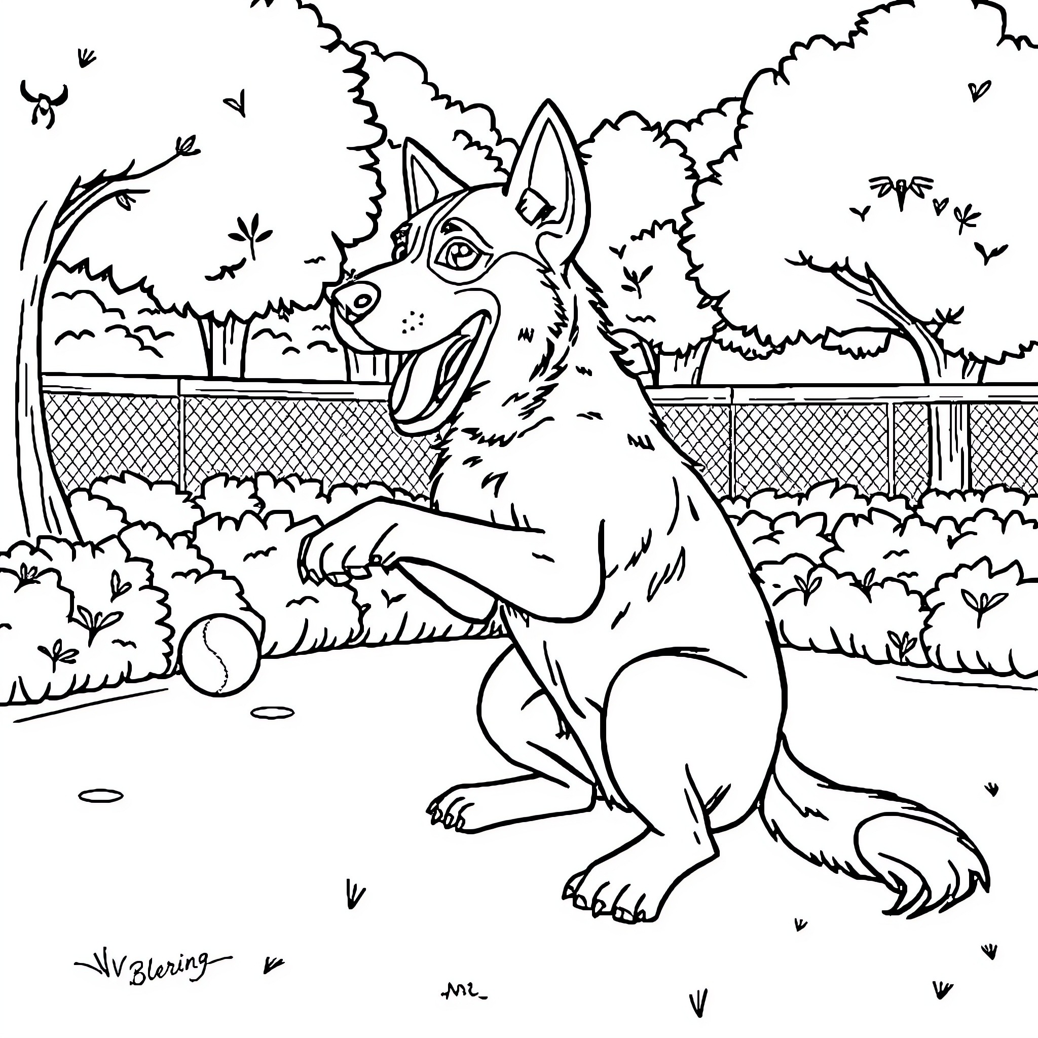 Blue Friendly Wolf in Forest Habitat Coloring Page (free black-and-white line drawing printable PDF for all, from beginners to advanced learners, including children, teens, adults, and seniors)