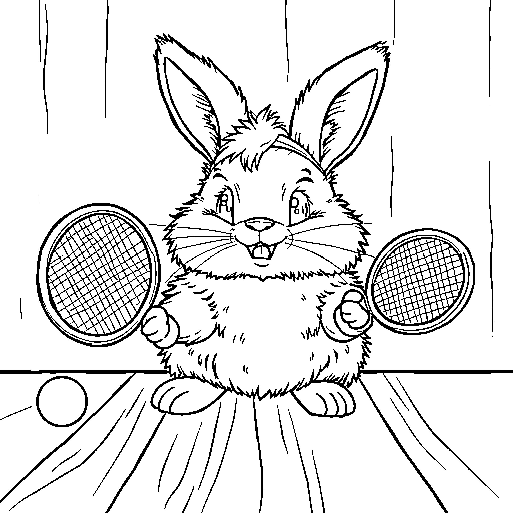 Bunny playing tennis with enthusiasm Coloring Page (free black-and-white line drawing printable PDF for all, from beginners to advanced learners, including children, teens, adults, and seniors)
