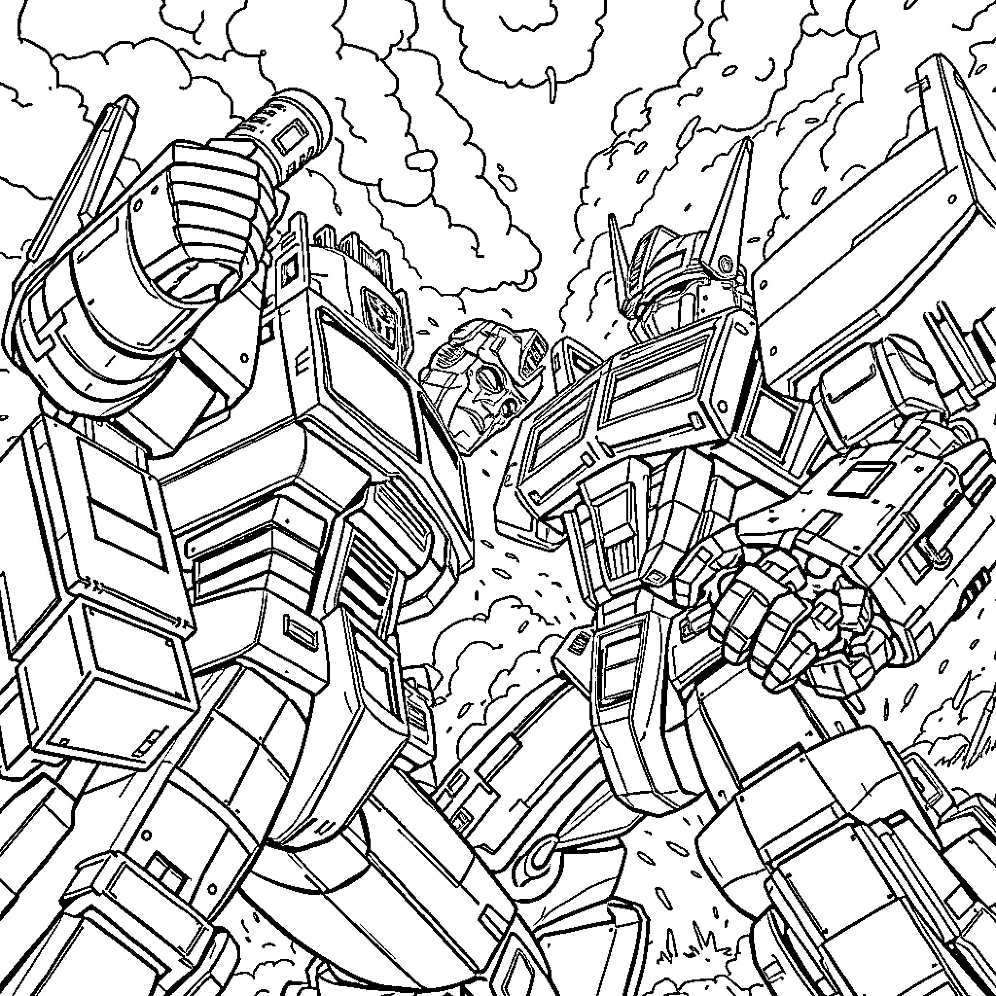 Optimus Prime leading a transformers battle against Decepticons Coloring Page (free black-and-white line drawing printable PDF for all, from beginners to advanced learners, including children, teens, adults, and seniors)