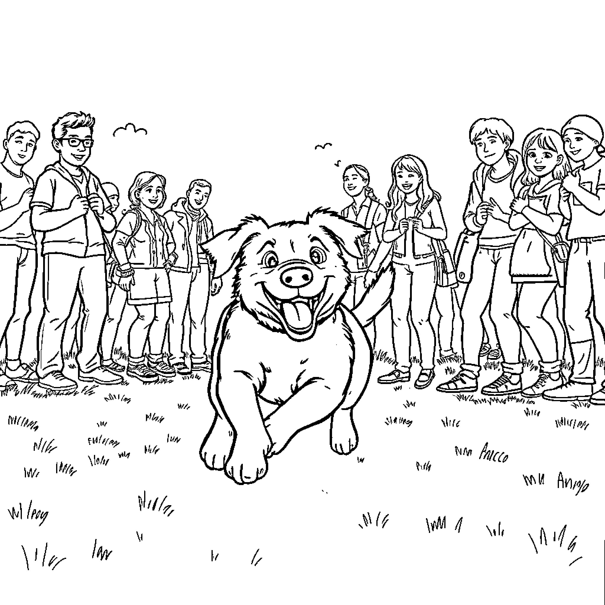 Dog happily playing with children in the park Coloring Page (free black-and-white line drawing printable PDF for all, from beginners to advanced learners, including children, teens, adults, and seniors)