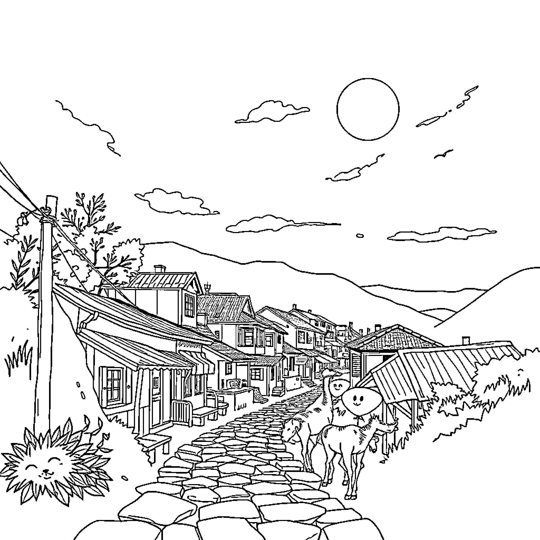 New York Street Scene with Cobblestone Road and Dwellings Coloring Page (free black-and-white line drawing printable PDF for all, from beginners to advanced learners, including children, teens, adults, and seniors)