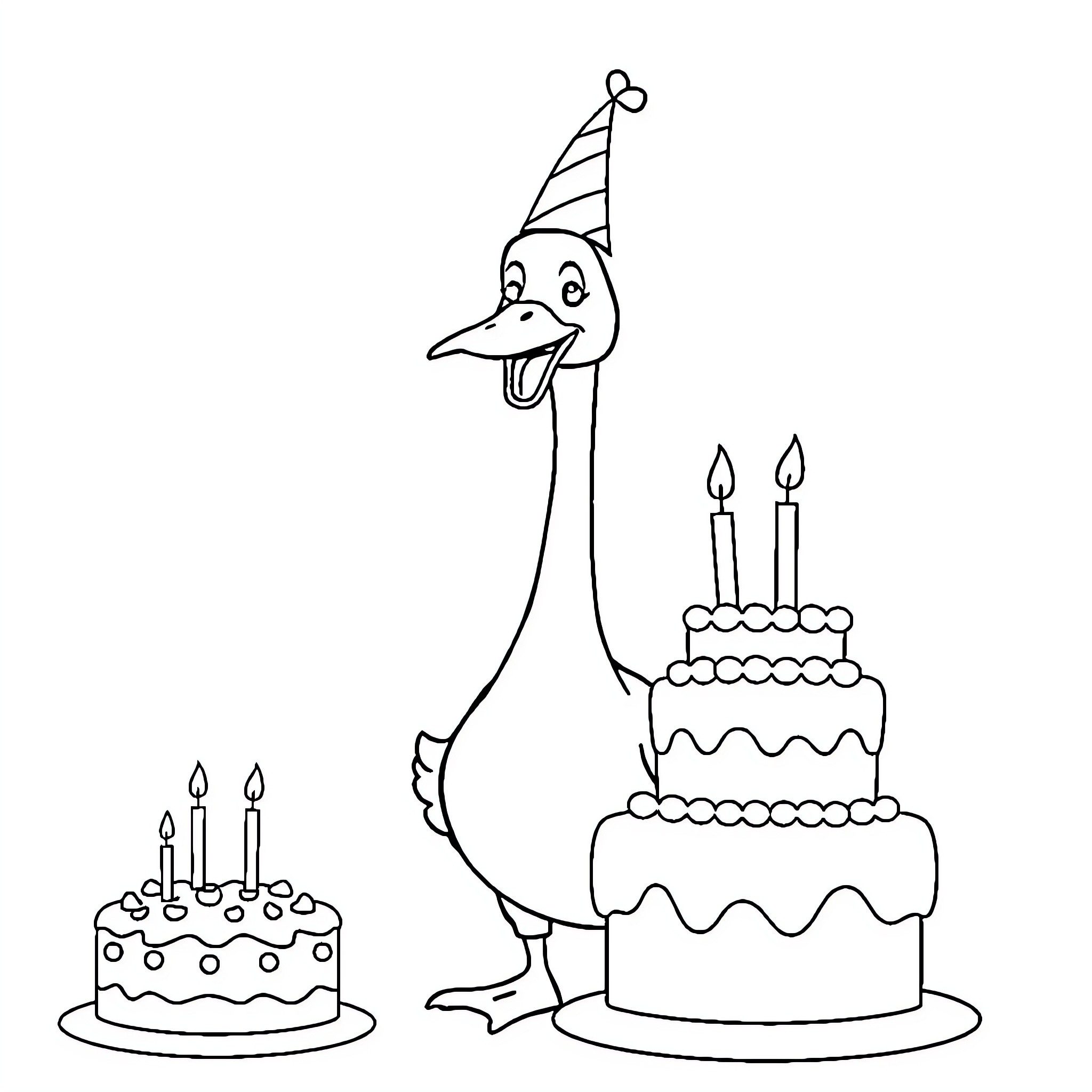 Goose celebrating birthday with cake and candles Coloring Page (free black-and-white line drawing printable PDF for all, from beginners to advanced learners, including children, teens, adults, and seniors)