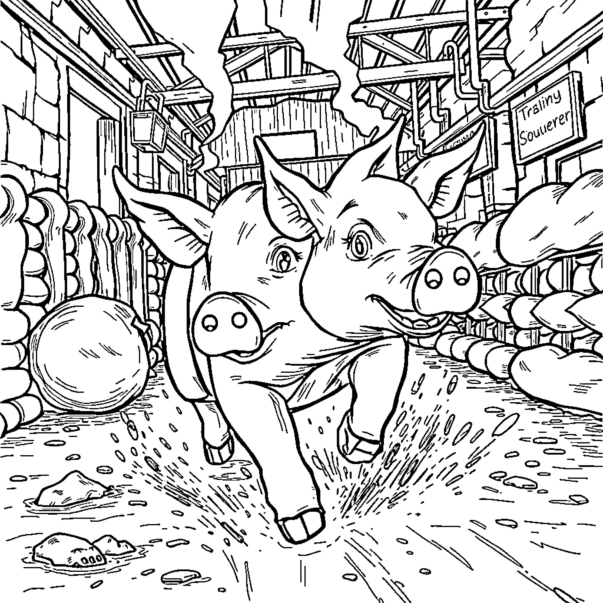Pigs playing in a bustling street scene Coloring Page (free black-and-white line drawing printable PDF for all, from beginners to advanced learners, including children, teens, adults, and seniors)