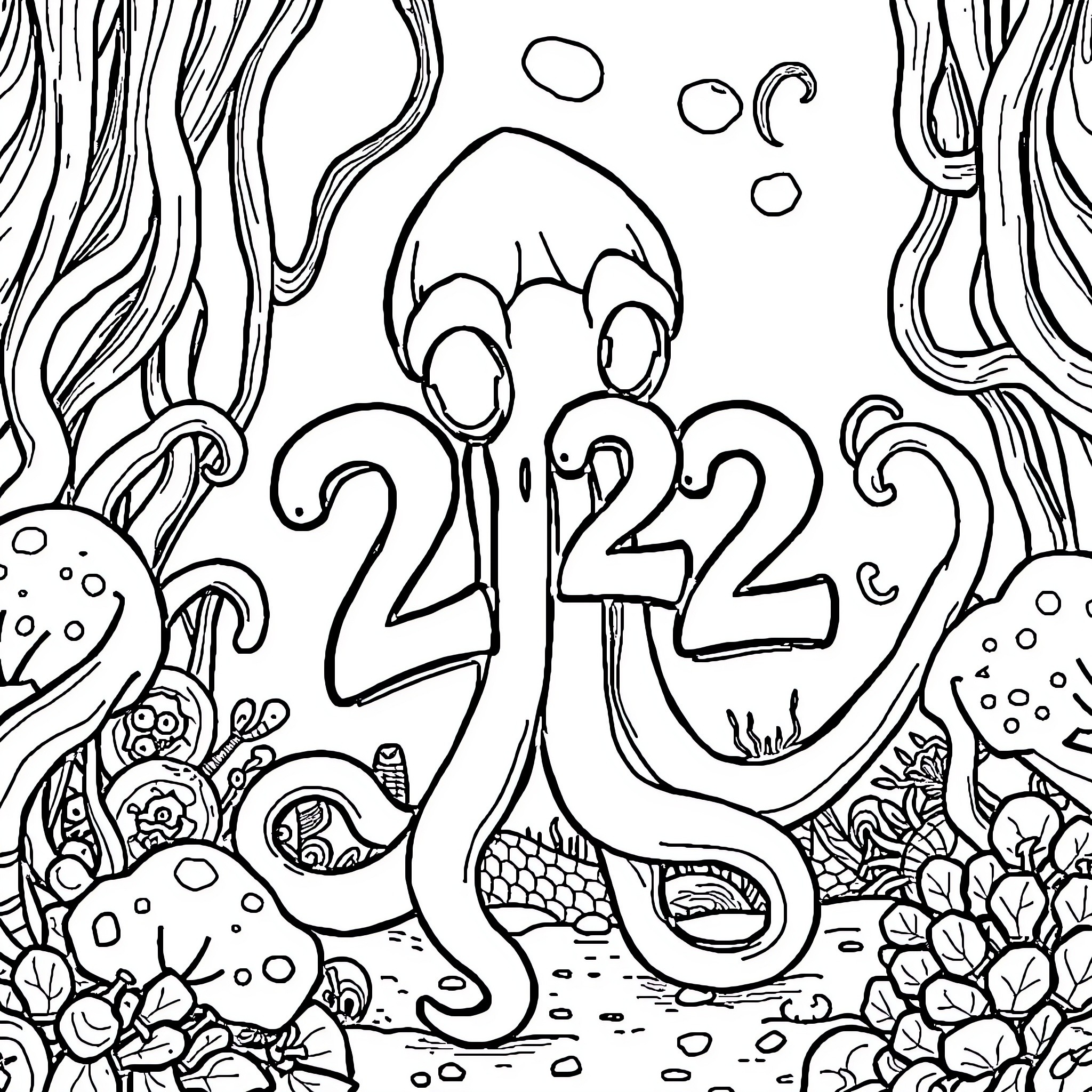 Squid Game Characters in Underwater Landscape Coloring Page (free black-and-white line drawing printable PDF for all, from beginners to advanced learners, including children, teens, adults, and seniors)