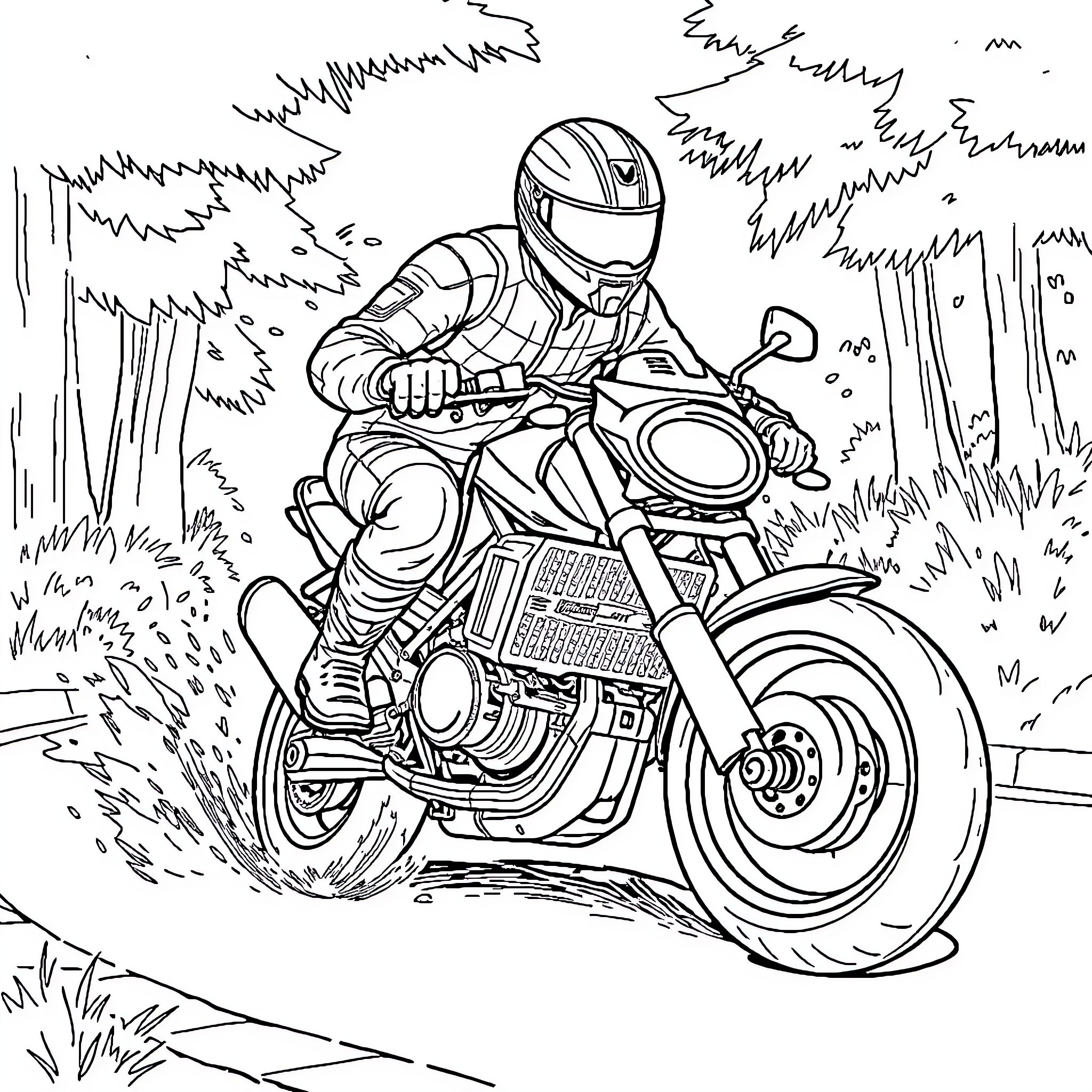 Moto Rider Racing Through the Forest Coloring Page (free black-and-white line drawing printable PDF for all, from beginners to advanced learners, including children, teens, adults, and seniors)
