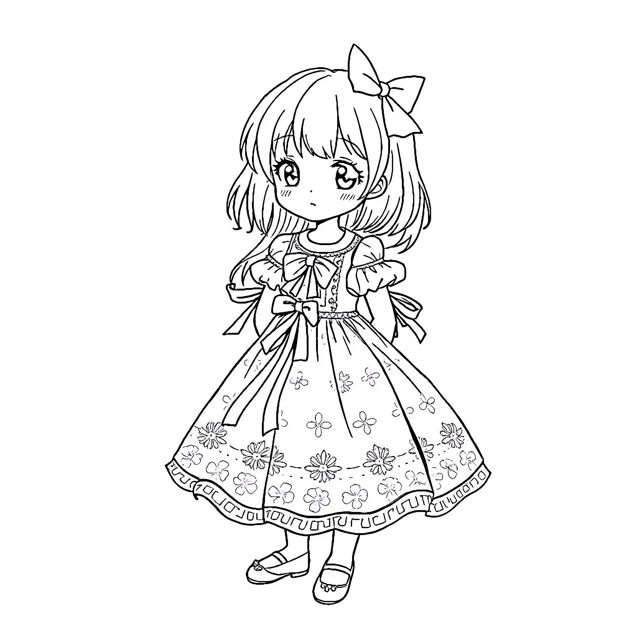 Anime Child in Adorable Floral Dress Coloring Page (free black-and-white line drawing printable PDF for all, from beginners to advanced learners, including children, teens, adults, and seniors)