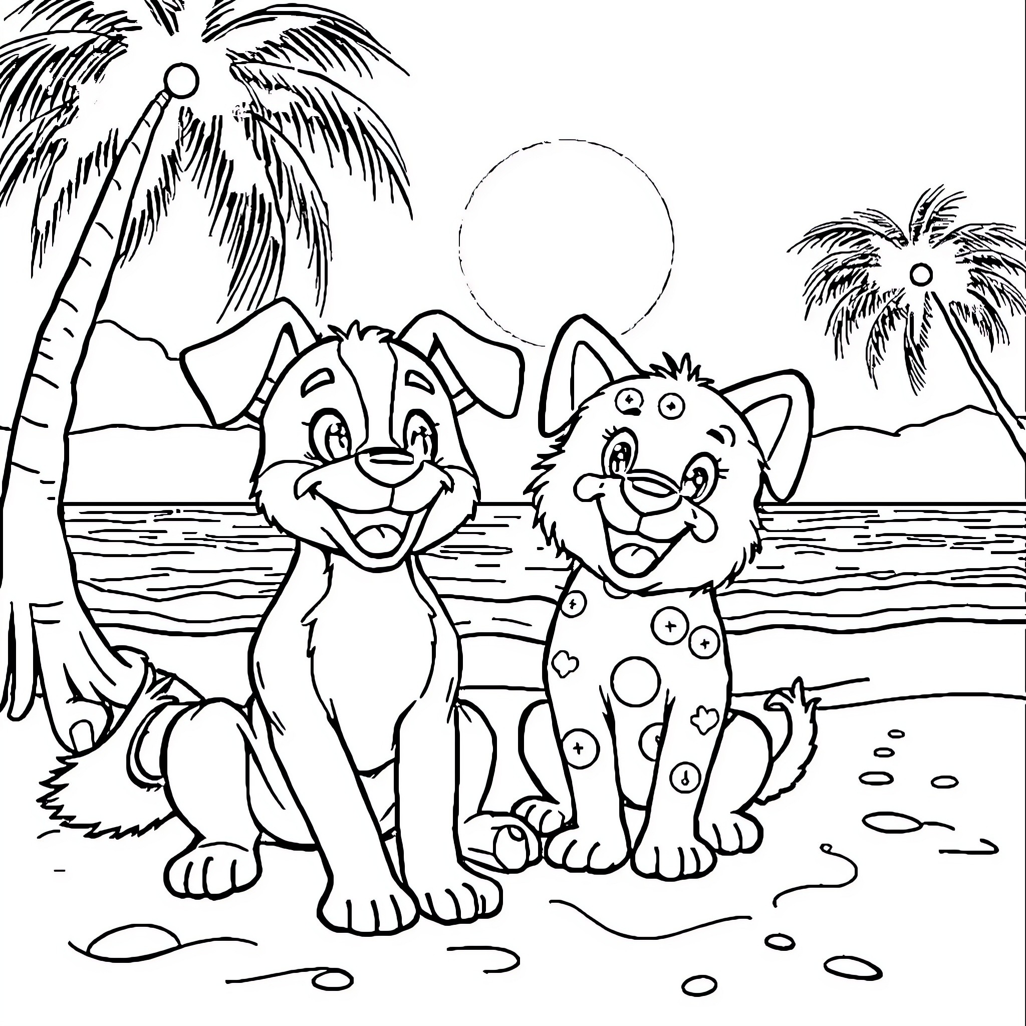 Bluey and friends playing on the beach Coloring Page (free black-and-white line drawing printable PDF for all, from beginners to advanced learners, including children, teens, adults, and seniors)