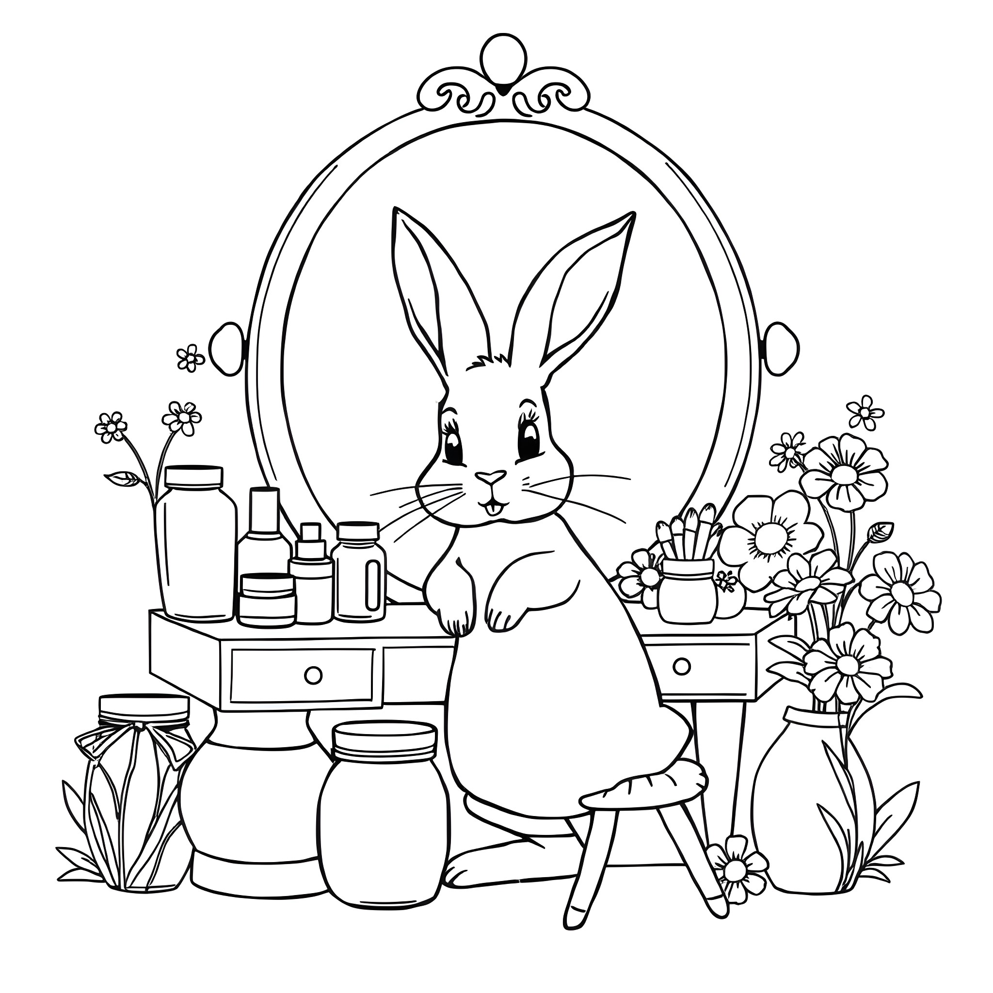 Rabbit relaxing in a cozy vanity area Coloring Page (free black-and-white line drawing printable PDF for all, from beginners to advanced learners, including children, teens, adults, and seniors)
