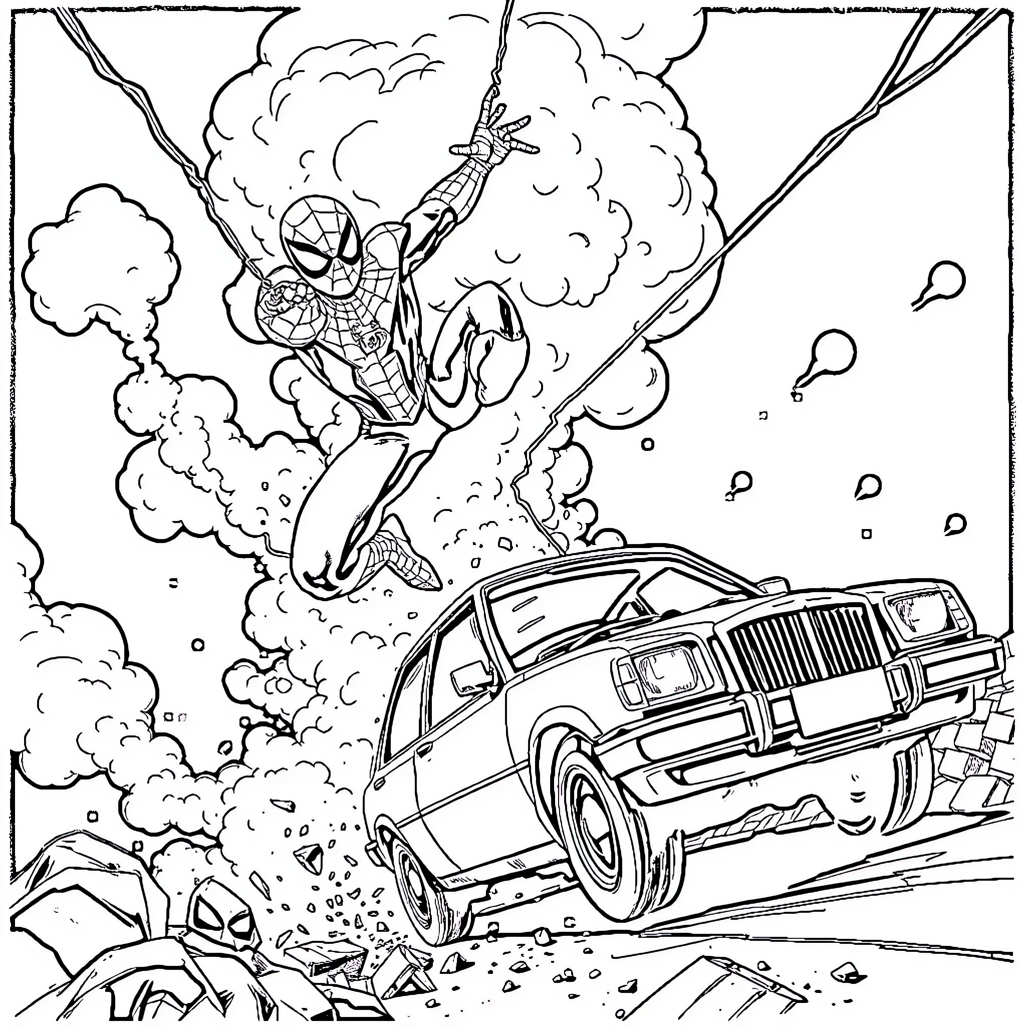 Spiderman rescues car from dangerous explosion Coloring Page (free black-and-white line drawing printable PDF for all, from beginners to advanced learners, including children, teens, adults, and seniors)