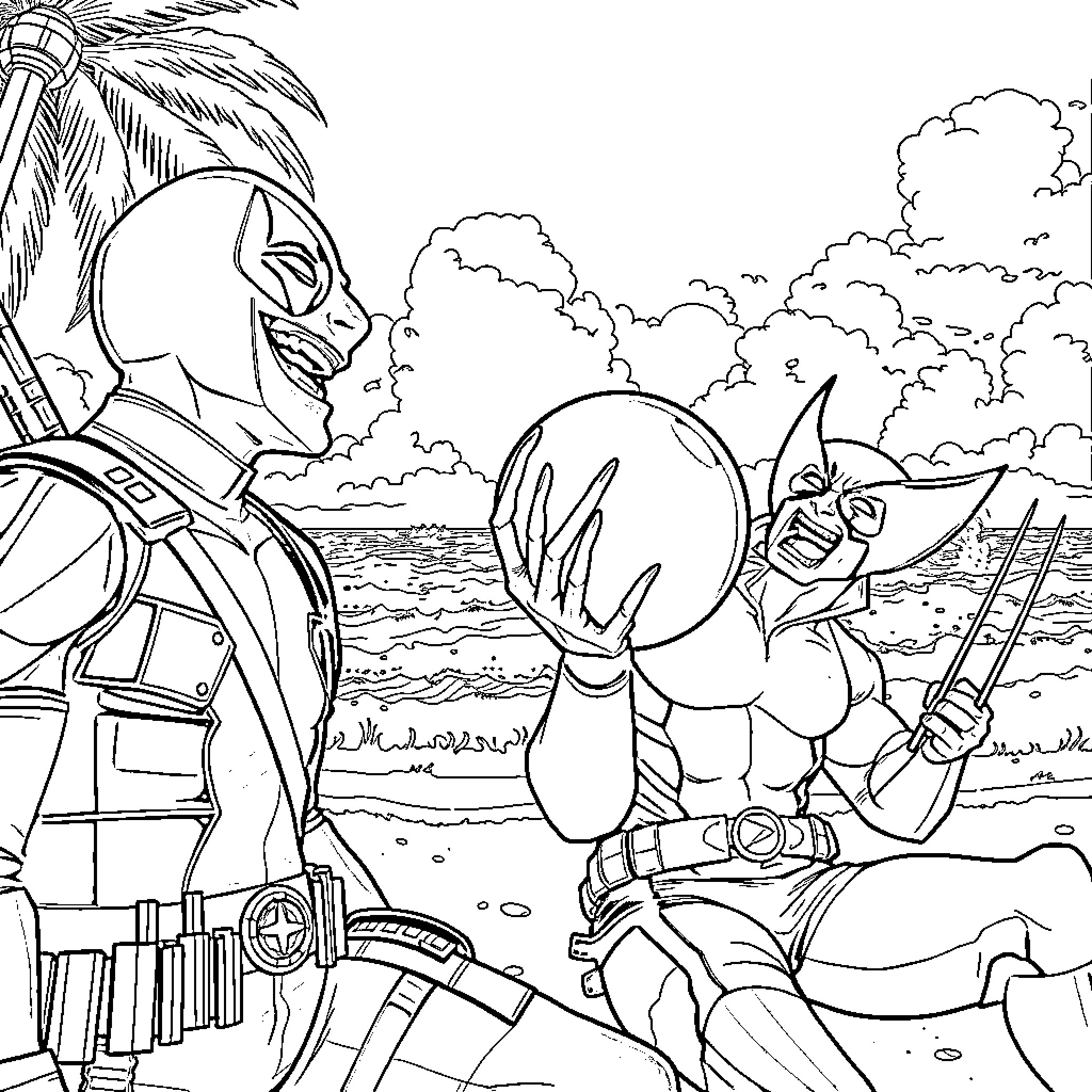 Deadpool and Wolverine in action-packed adventure Coloring Page (free black-and-white line drawing printable PDF for all, from beginners to advanced learners, including children, teens, adults, and seniors)