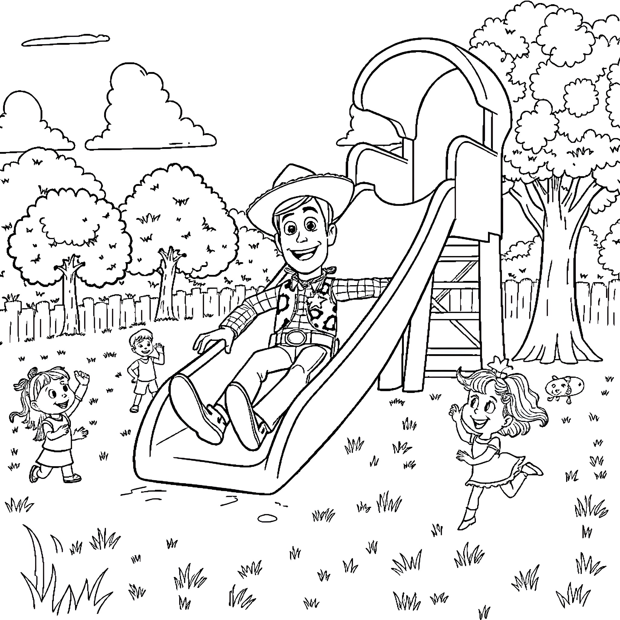 Woody's fun day at the playground Coloring Page (free black-and-white line drawing printable PDF for all, from beginners to advanced learners, including children, teens, adults, and seniors)