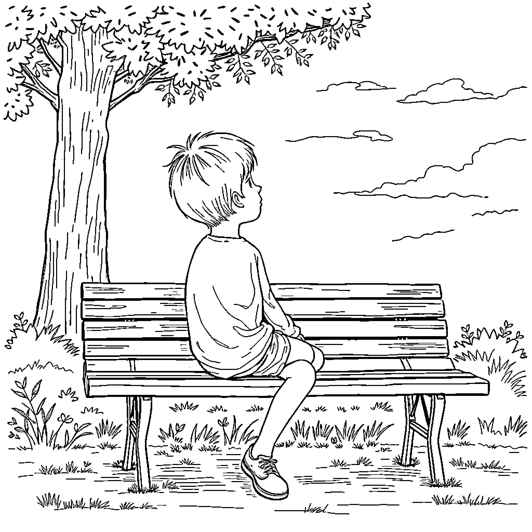 Boy sitting alone on a park bench Coloring Page (free black-and-white line drawing printable PDF for all, from beginners to advanced learners, including children, teens, adults, and seniors)