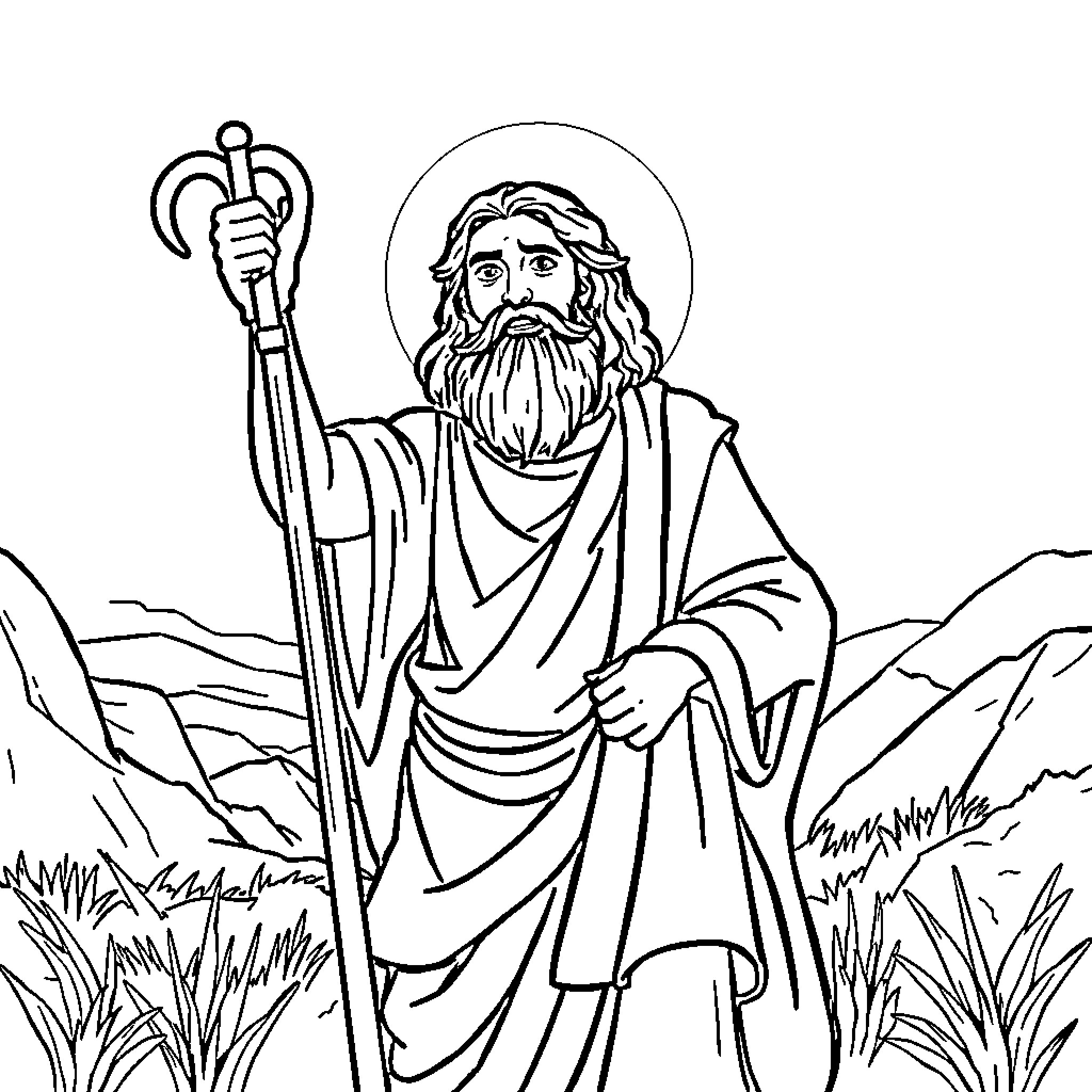 Bible Character in Robes Holding a Staff Coloring Page (free black-and-white line drawing printable PDF for all, from beginners to advanced learners, including children, teens, adults, and seniors)