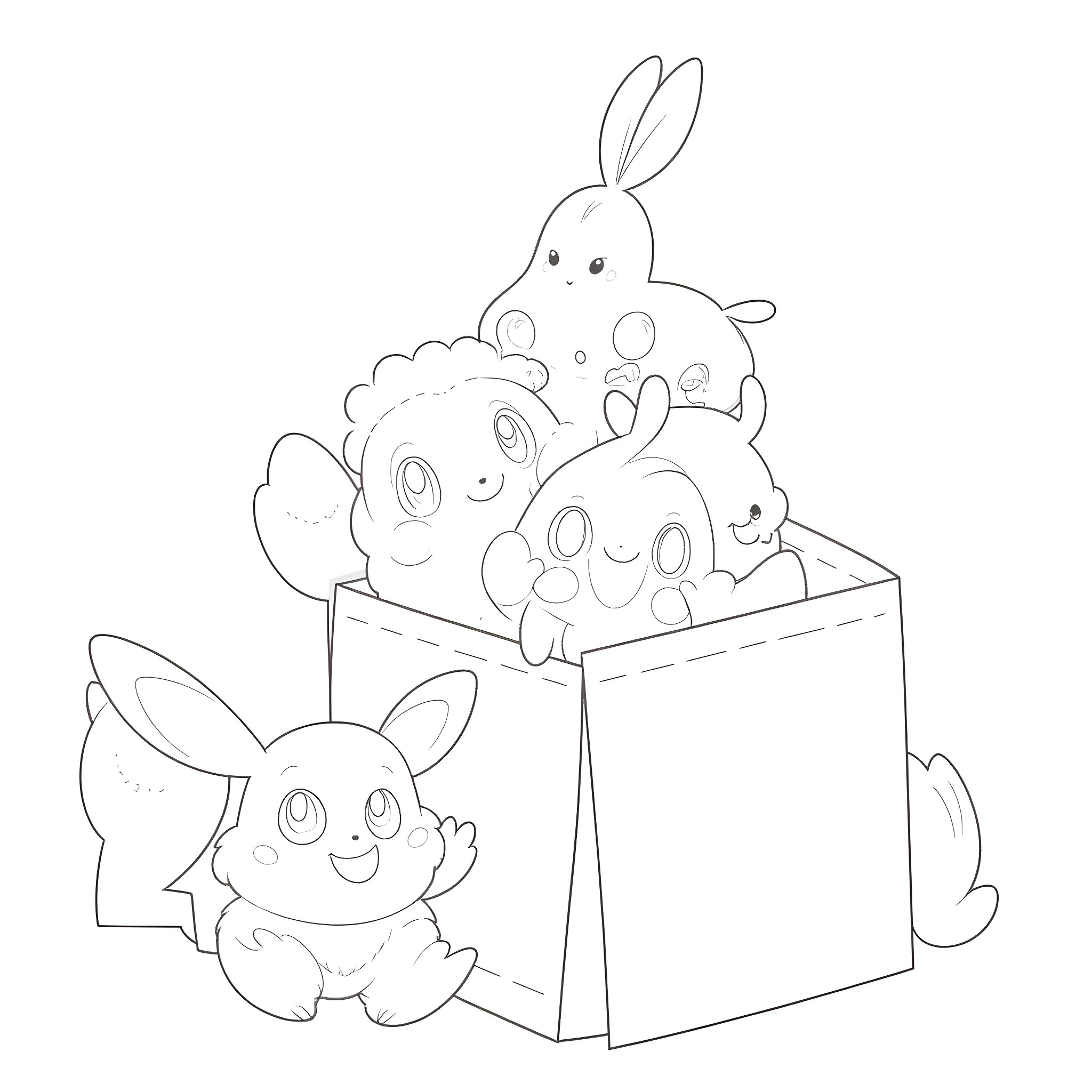 Pokémon characters in a playful box scene Coloring Page (free black-and-white line drawing printable PDF for all, from beginners to advanced learners, including children, teens, adults, and seniors)