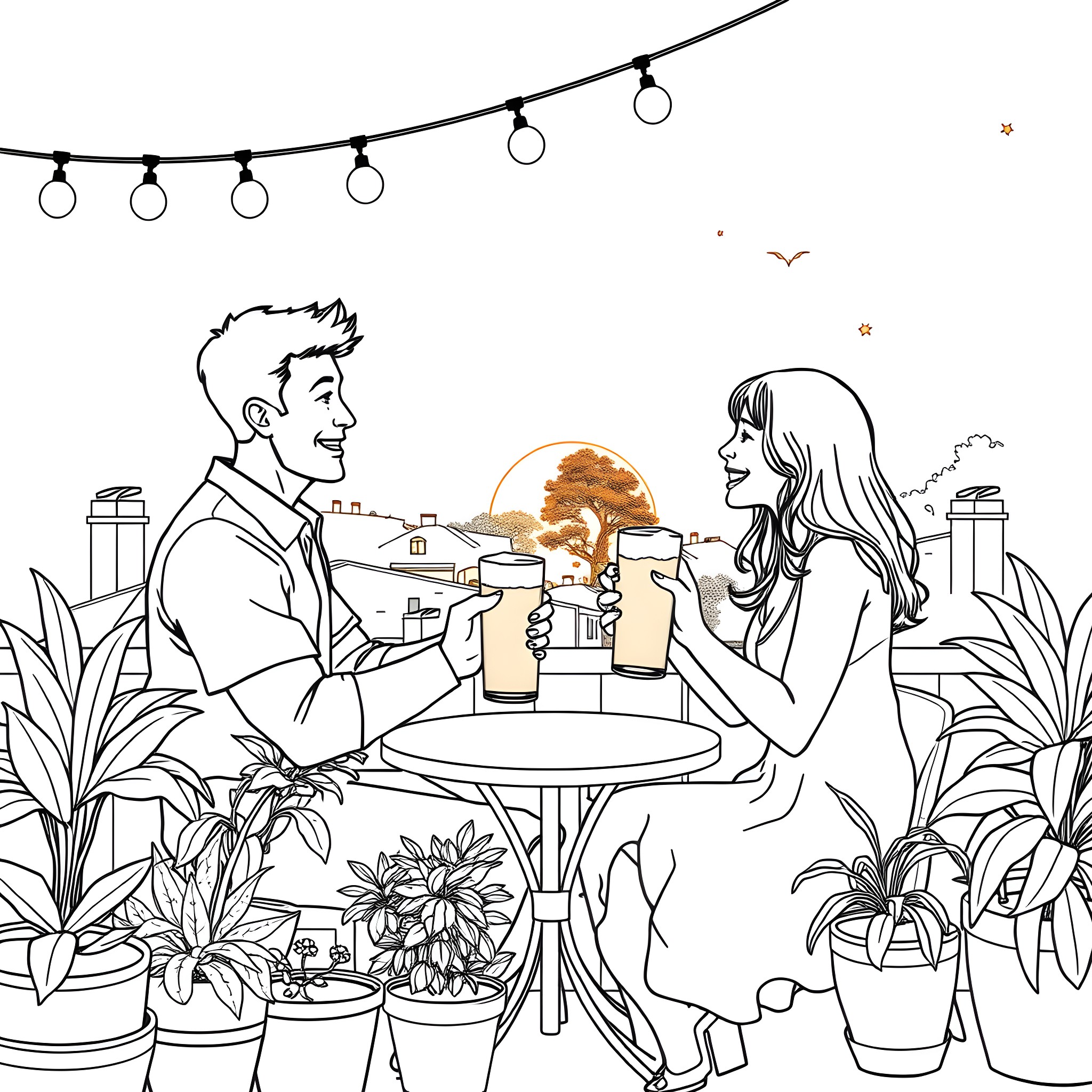 Young Couple Enjoying Casual Outdoor Cafe Gathering Coloring Page (free black-and-white line drawing printable PDF for all, from beginners to advanced learners, including children, teens, adults, and seniors)