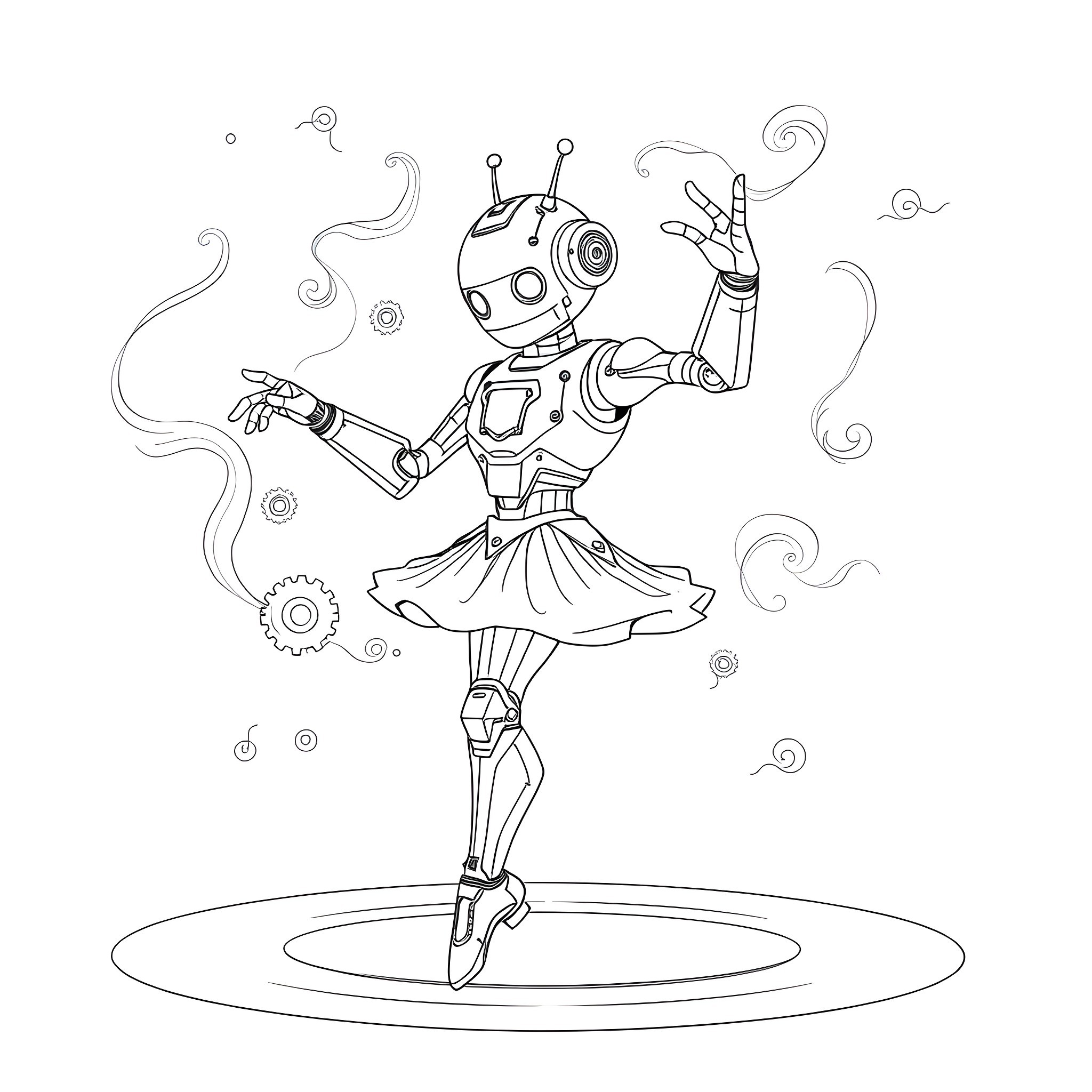 Robot ballerina dancing gracefully in the air Coloring Page (free black-and-white line drawing printable PDF for all, from beginners to advanced learners, including children, teens, adults, and seniors)
