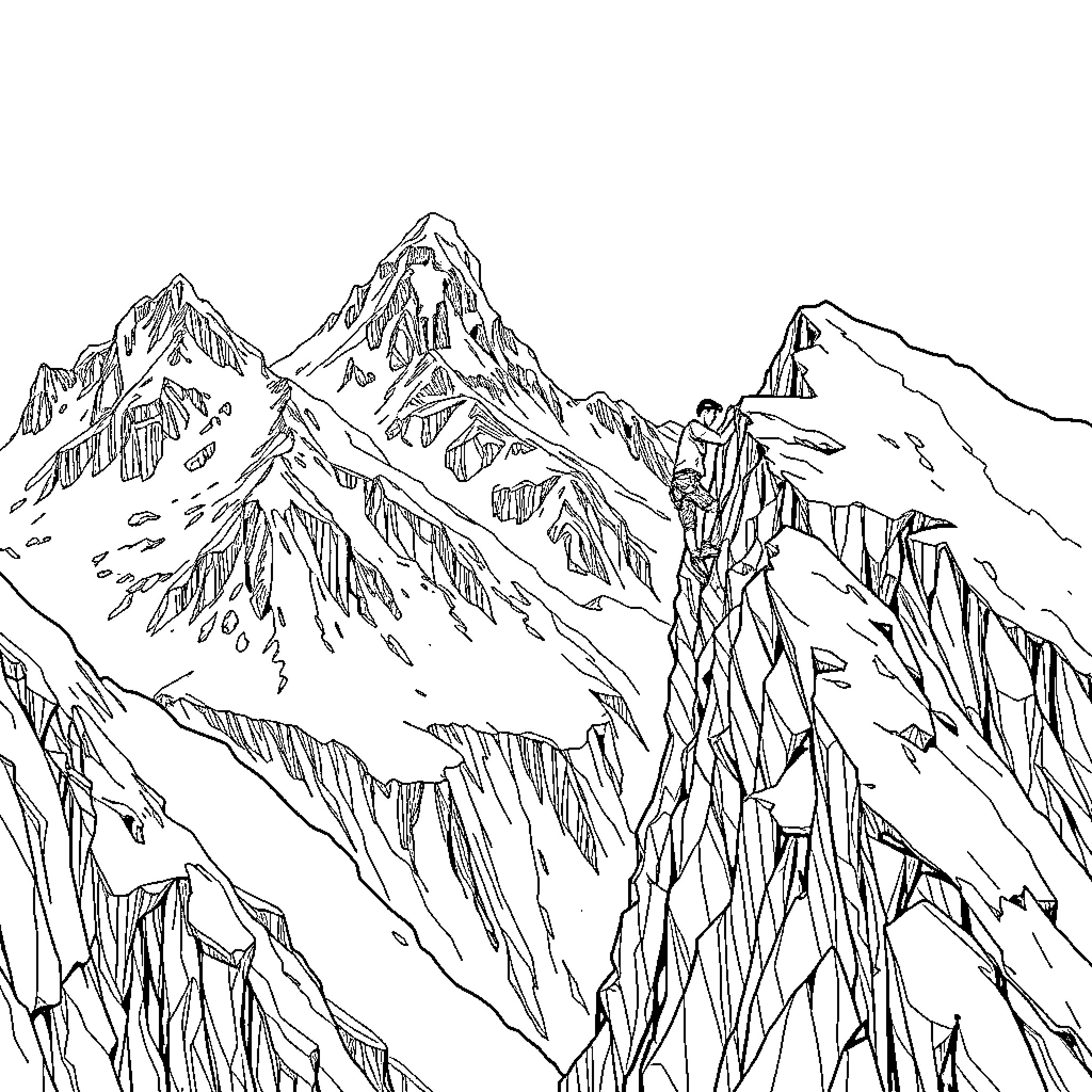 Man admiring majestic mountain landscape Coloring Page (free black-and-white line drawing printable PDF for all, from beginners to advanced learners, including children, teens, adults, and seniors)