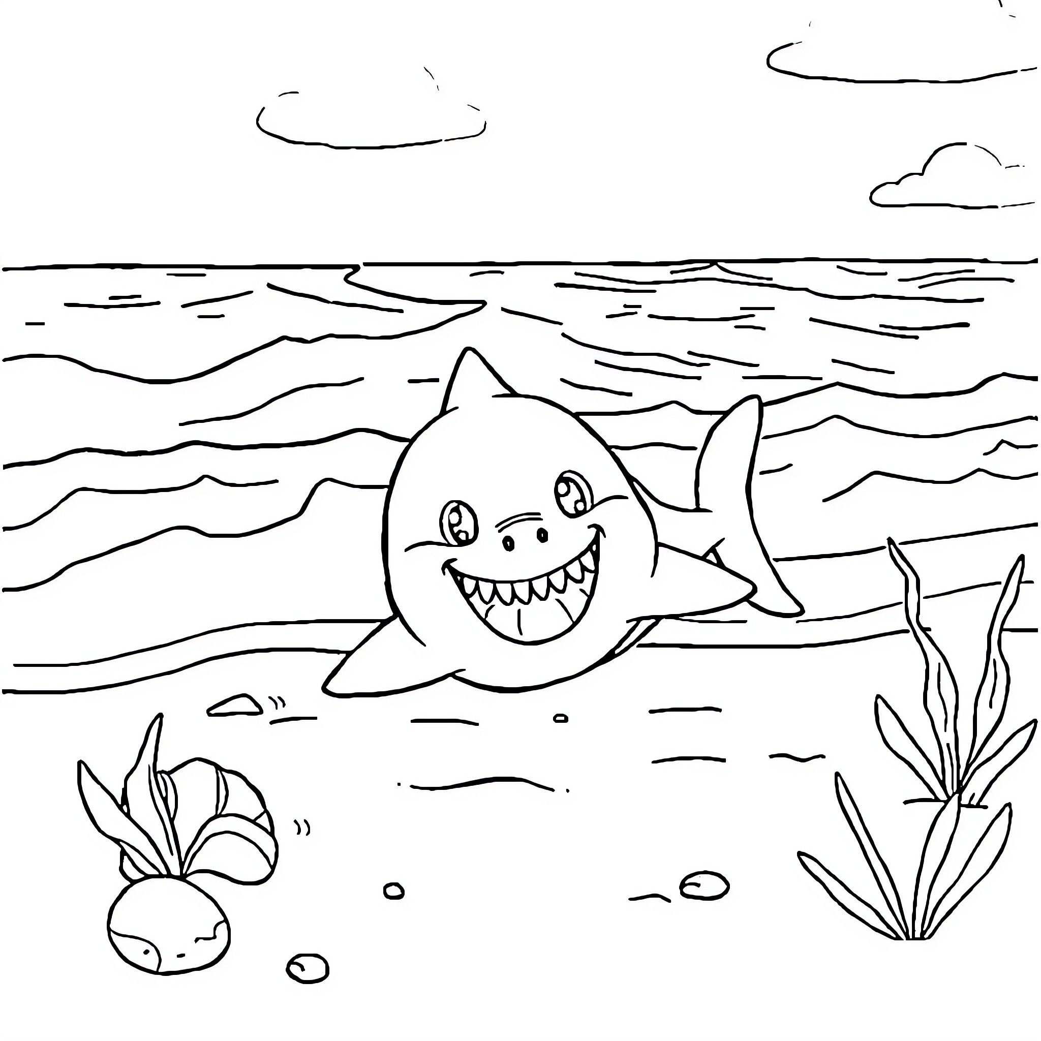 Baby Shark enjoying the ocean waves Coloring Page (free black-and-white line drawing printable PDF for all, from beginners to advanced learners, including children, teens, adults, and seniors)