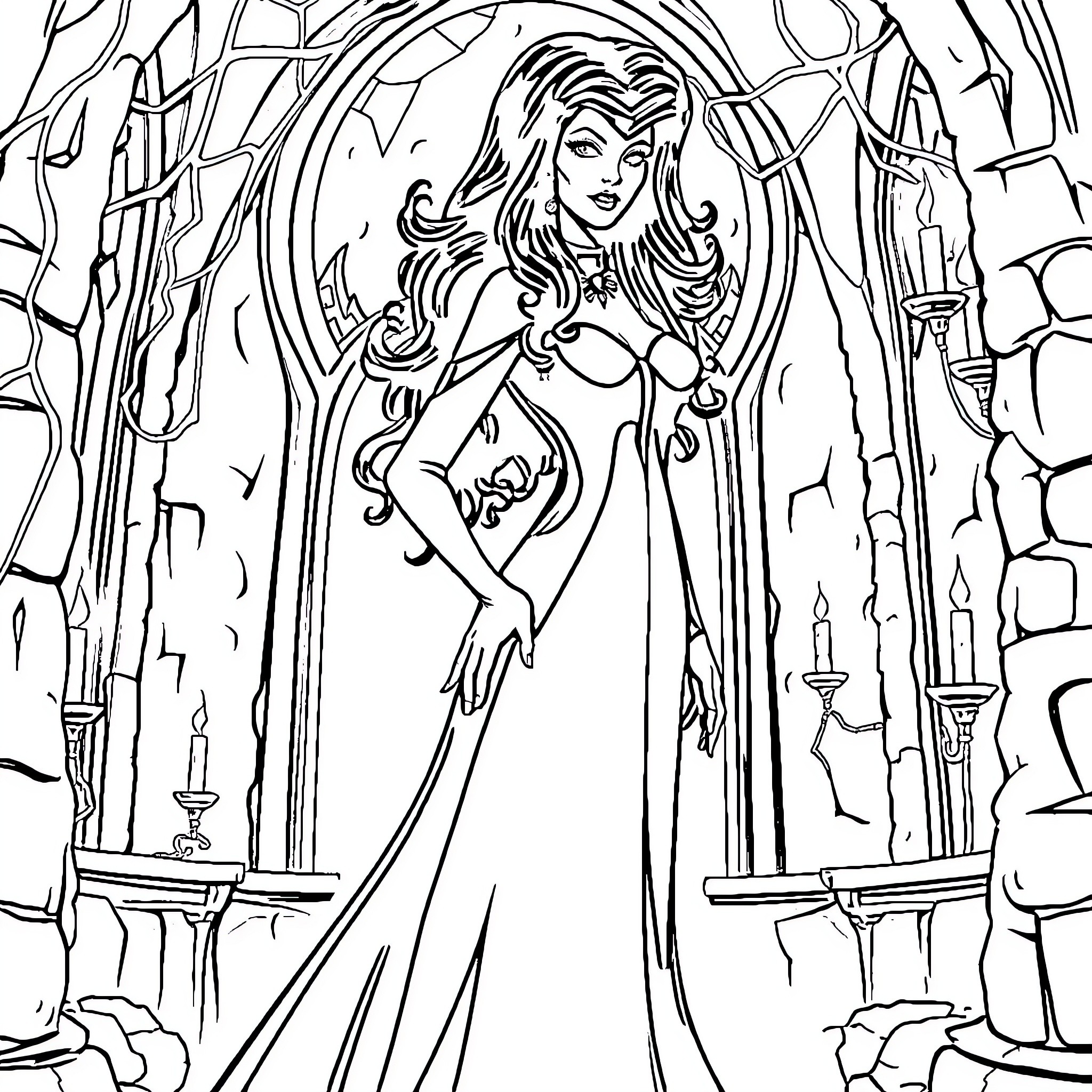 Elvira's Haunting Enchantment in the Gothic Castle Coloring Page (free black-and-white line drawing printable PDF for all, from beginners to advanced learners, including children, teens, adults, and seniors)