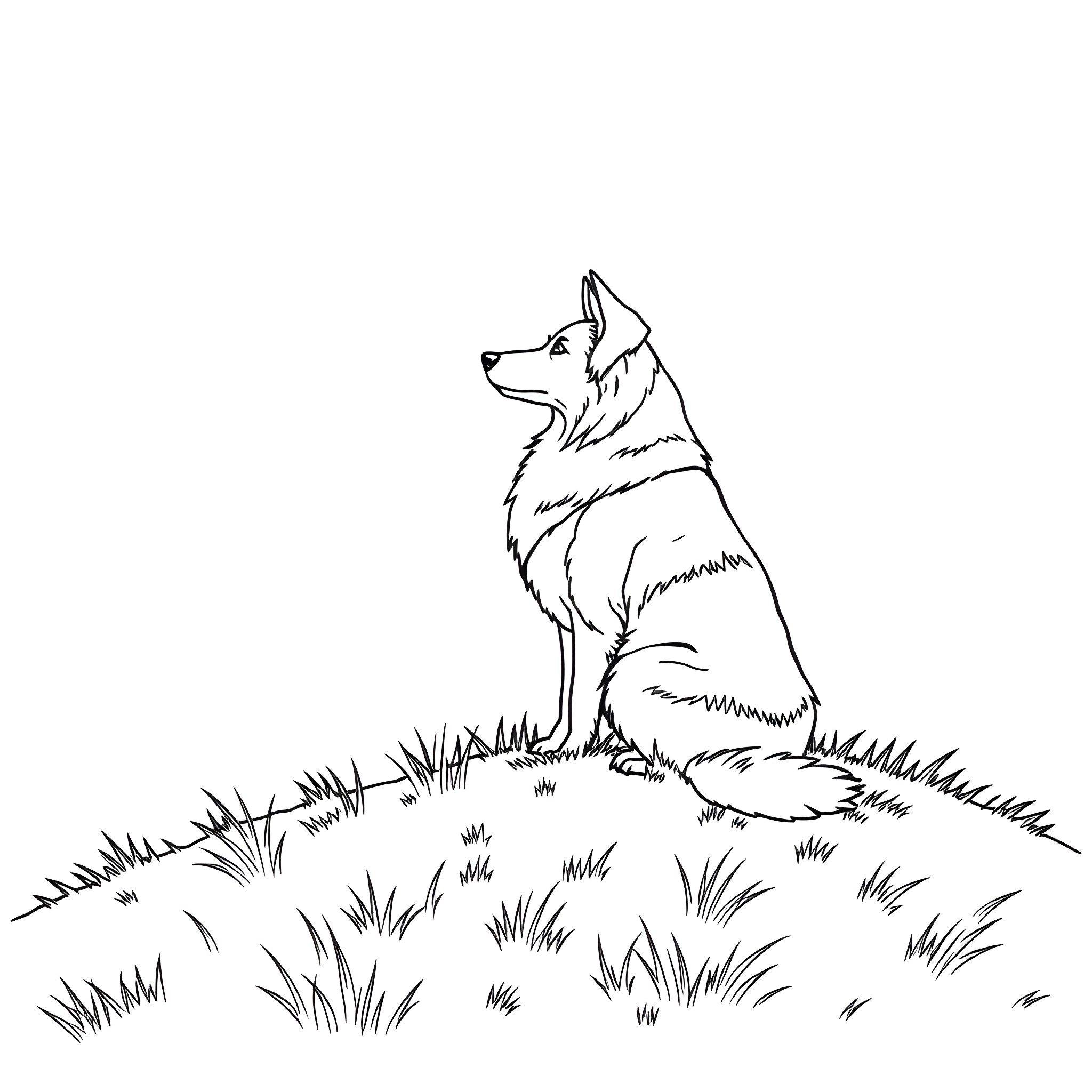 Border Collie sitting in tall grass Coloring Page (free black-and-white line drawing printable PDF for all, from beginners to advanced learners, including children, teens, adults, and seniors)
