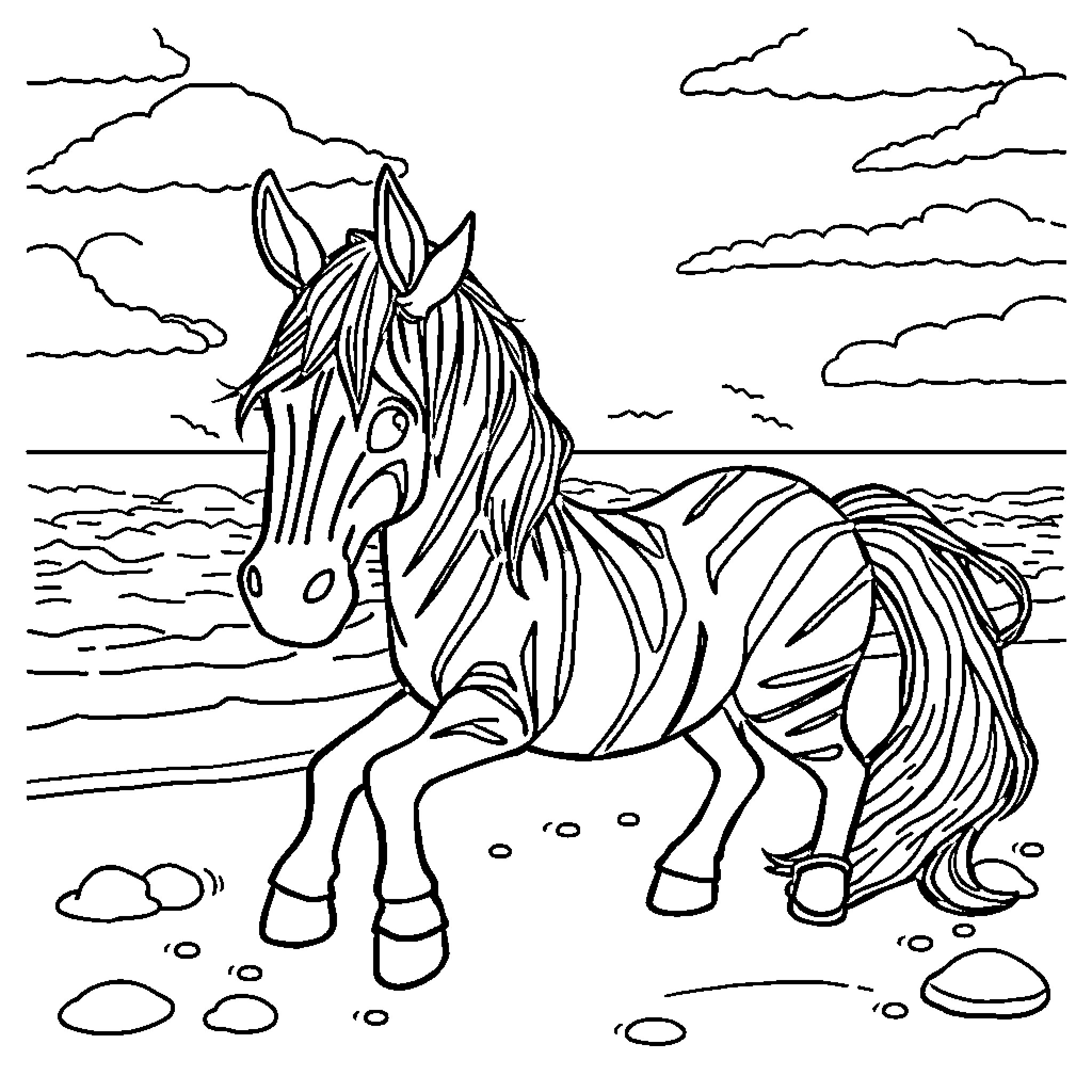 Car with Zebra-Striped Horse by the Beach Coloring Page (free black-and-white line drawing printable PDF for all, from beginners to advanced learners, including children, teens, adults, and seniors)