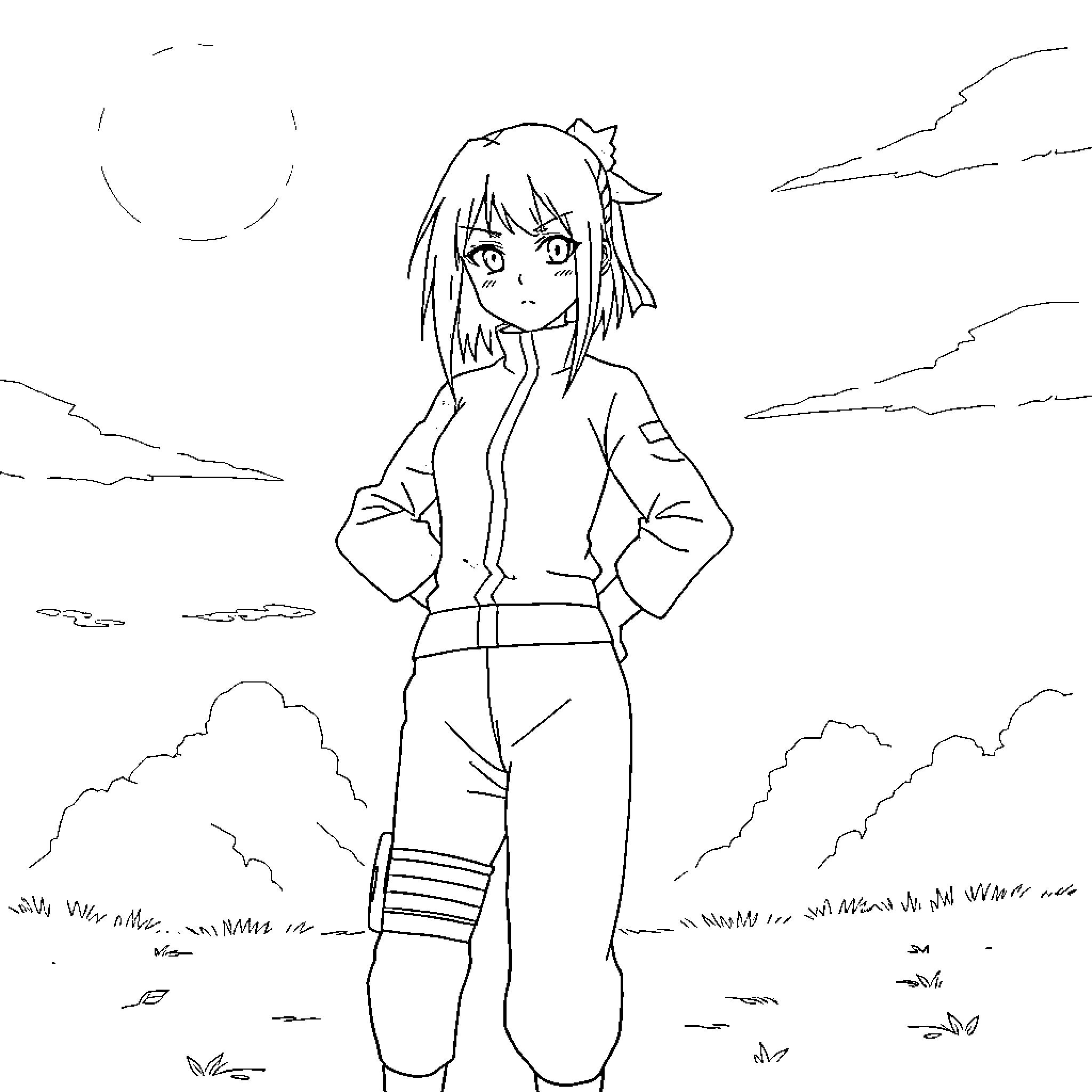 Sakura character enjoying the scenic outdoors Coloring Page (free black-and-white line drawing printable PDF for all, from beginners to advanced learners, including children, teens, adults, and seniors)