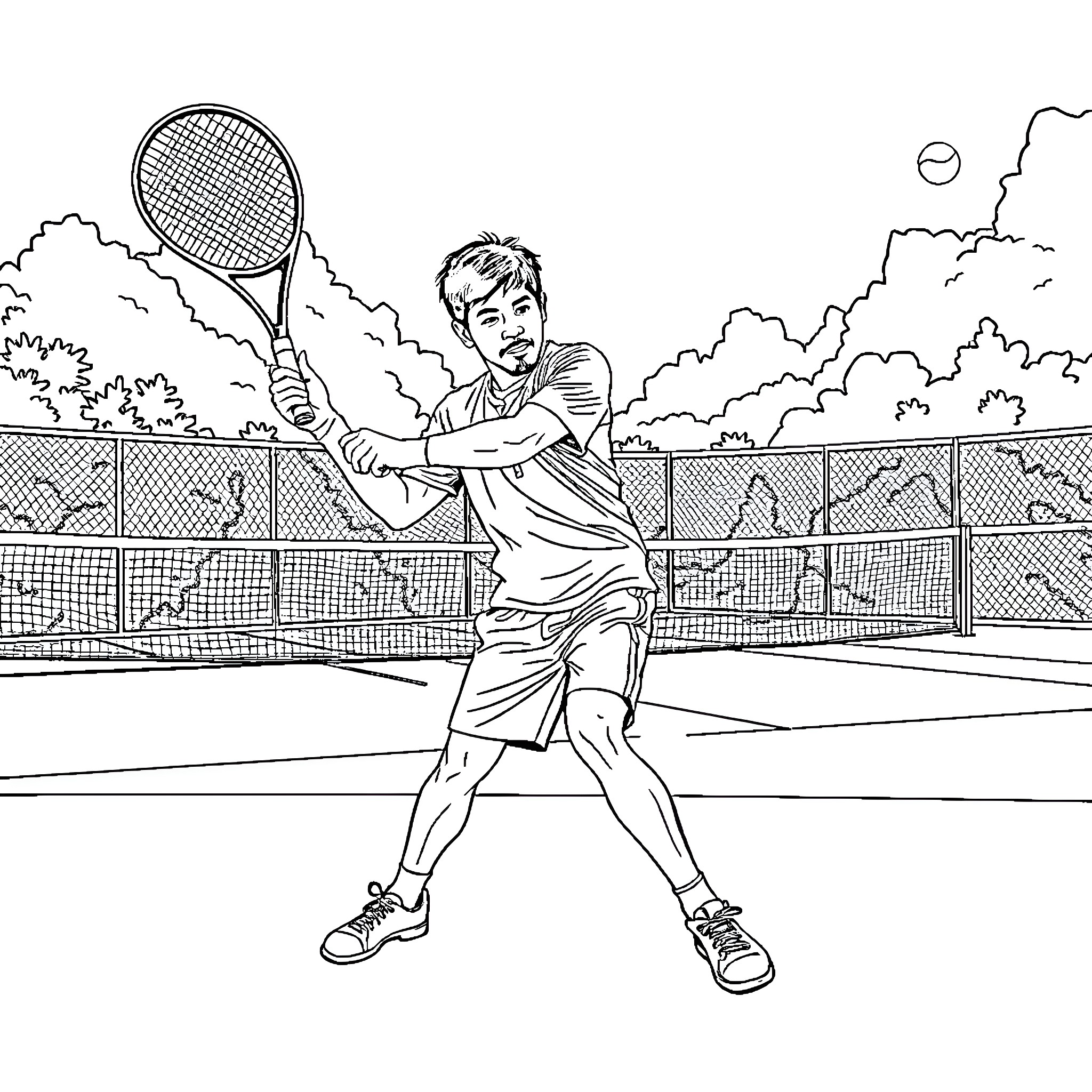 Manny Pacquiao playing tennis on the court Coloring Page (free black-and-white line drawing printable PDF for all, from beginners to advanced learners, including children, teens, adults, and seniors)